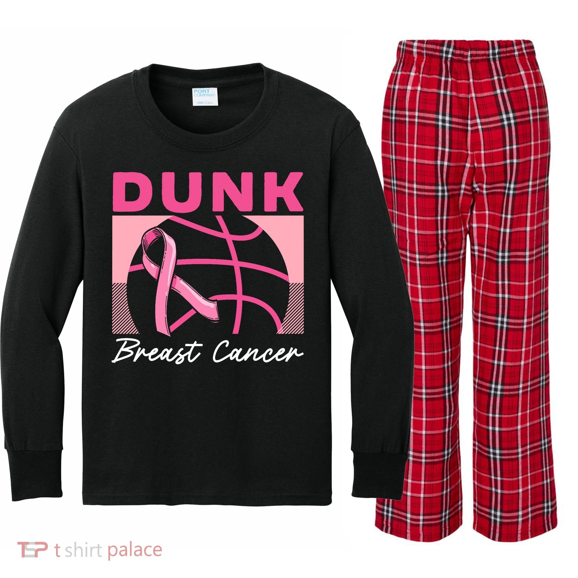 Dunk Breast Cancer Basketball Player Breast Cancer Awareness Kids Long Sleeve Plaid Pajama Set