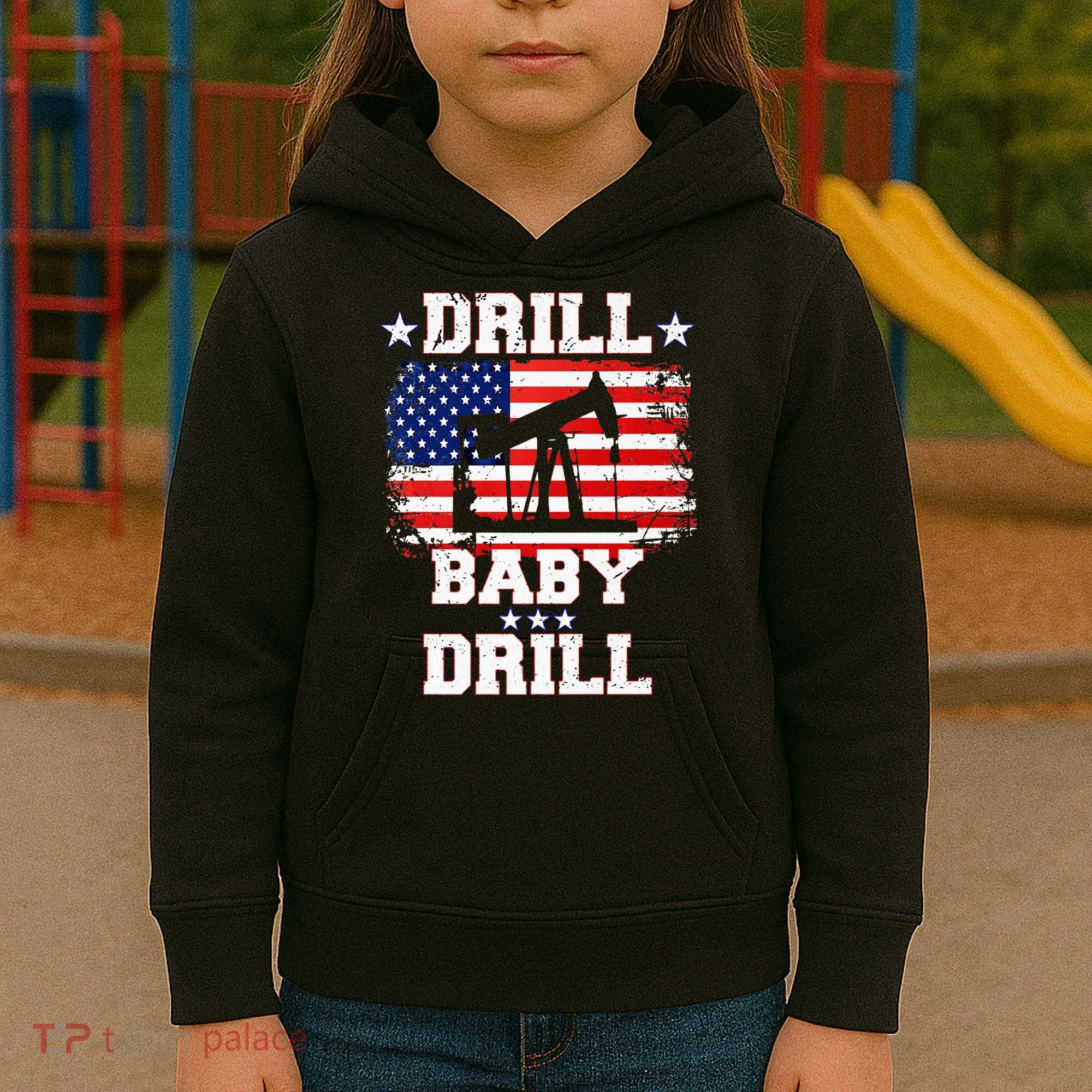 Drill Baby Drill American Flag Oilrig Oilfield Kids Hoodie
