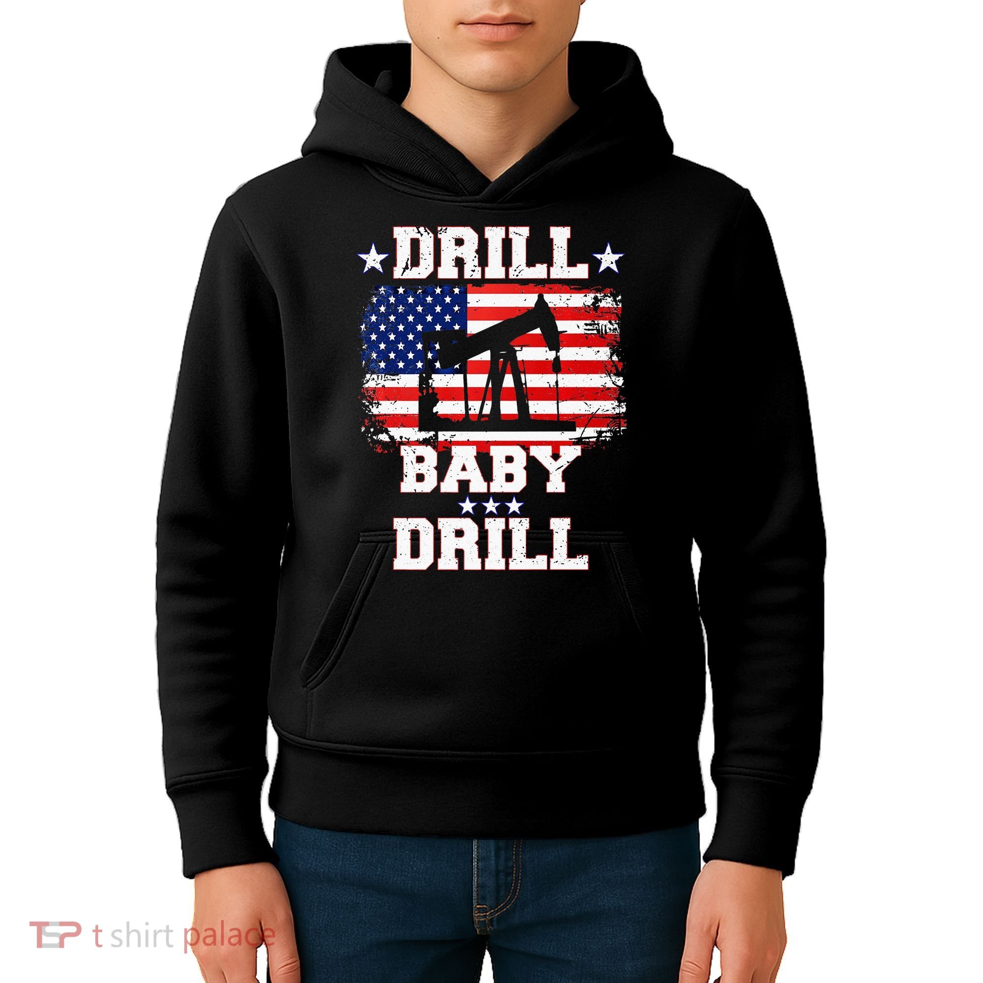 Drill Baby Drill American Flag Oilrig Oilfield Kids Hoodie