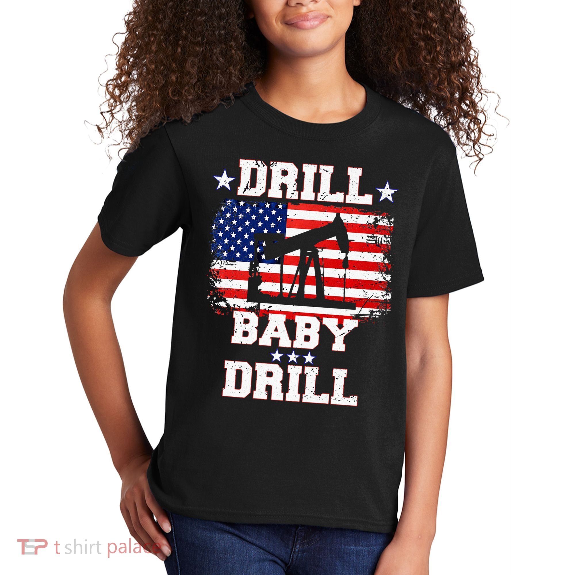 Drill Baby Drill American Flag Oilrig Oilfield Kids T-Shirt