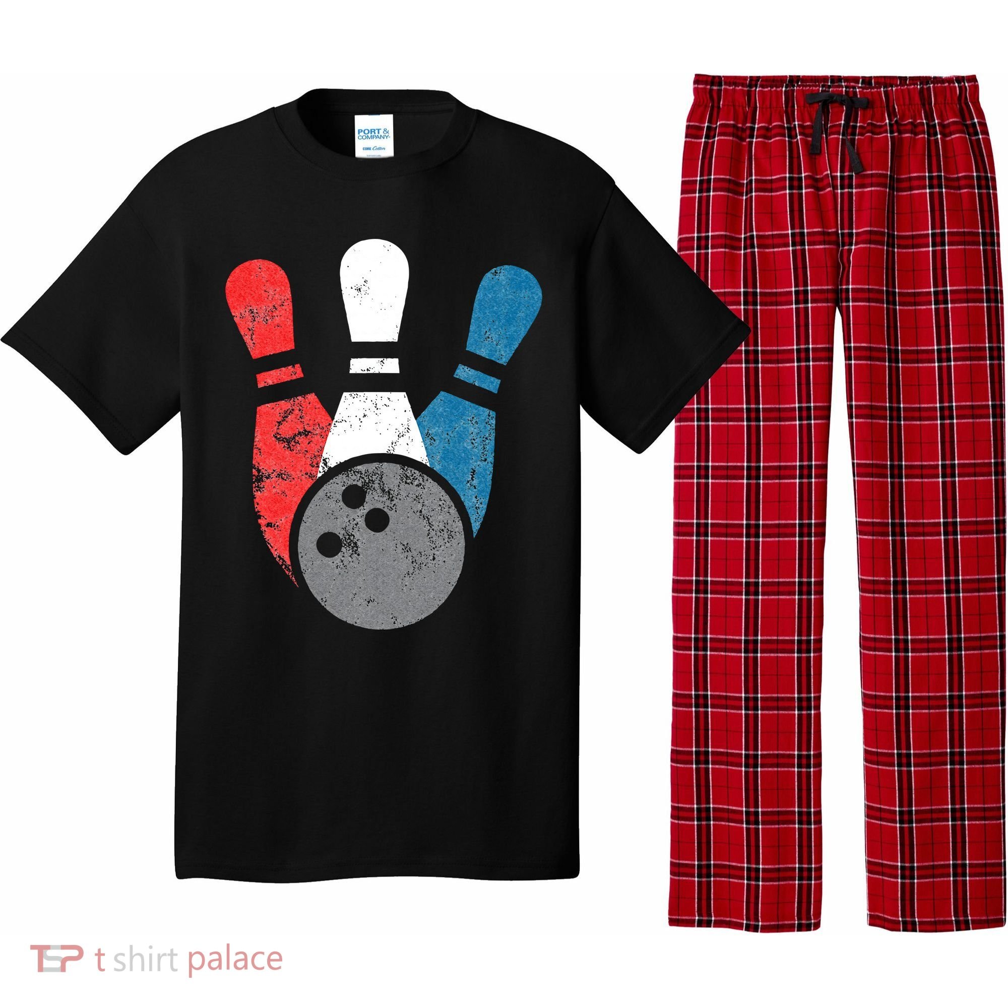 Distressed Bowling For Men Bowling Pins And Ball Pajama Set