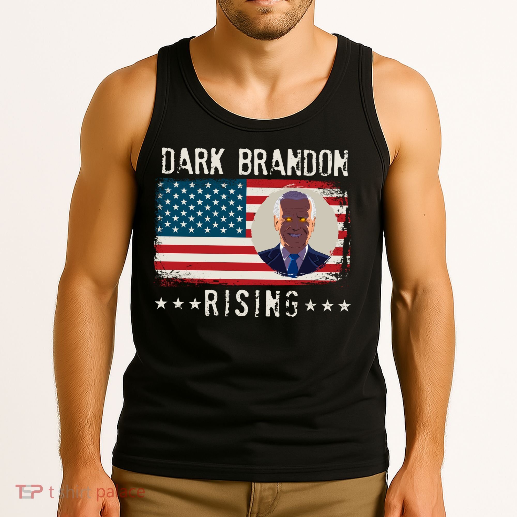 Dark Brandon Rising Anti Joe Biden Distressed USA American Flag Tank Top
