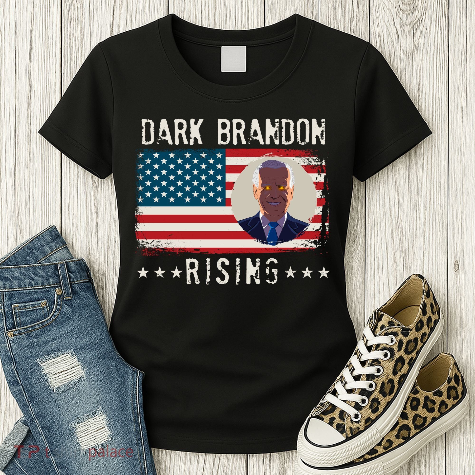 Dark Brandon Rising Anti Joe Biden Distressed USA American Flag Women's T-Shirt