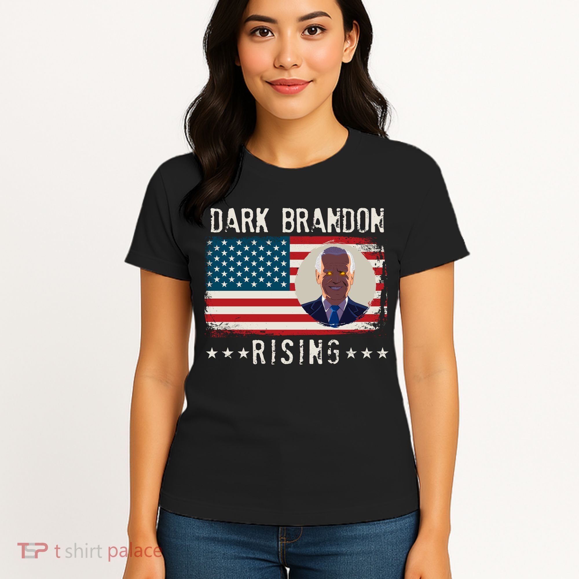 Dark Brandon Rising Anti Joe Biden Distressed USA American Flag Women's T-Shirt