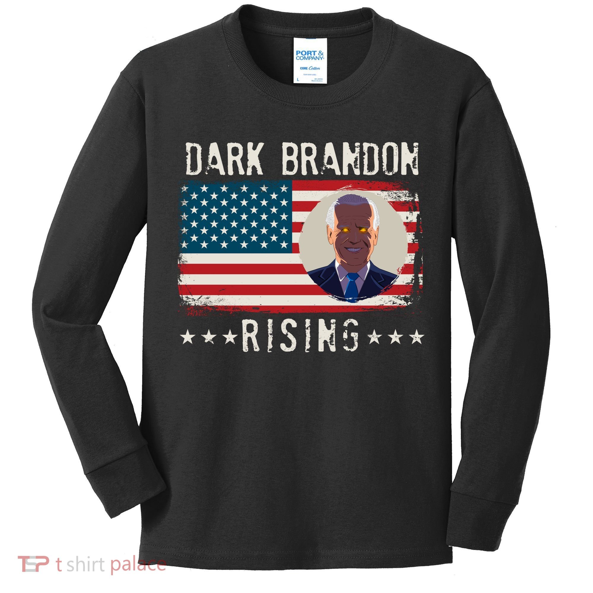 Dark Brandon Rising Anti Joe Biden Distressed USA American Flag Kids Long Sleeve Shirt