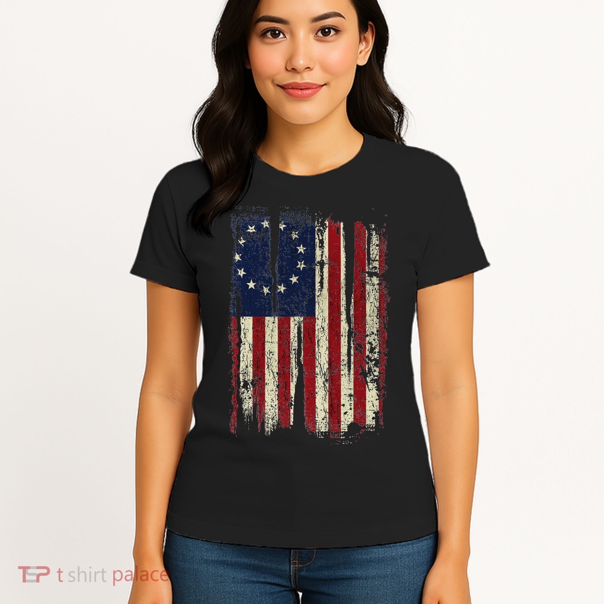 Distressed Betsy Ross American Flag 13 Star Colonies Patriot Women's T-Shirt