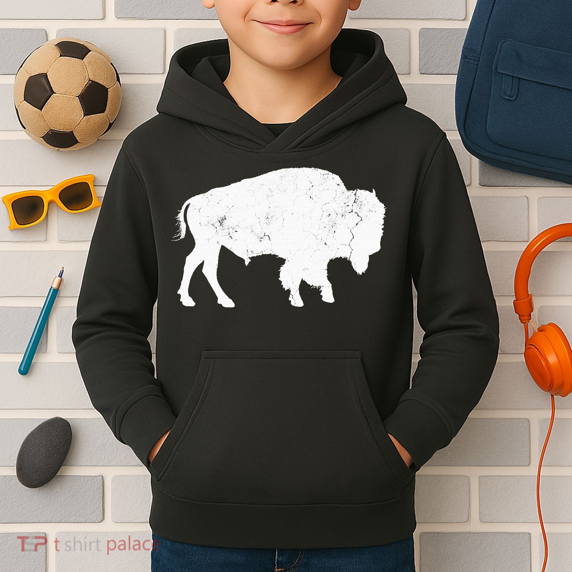 Distressed Buffalo Retro Bison Animal Lover Kids Hoodie