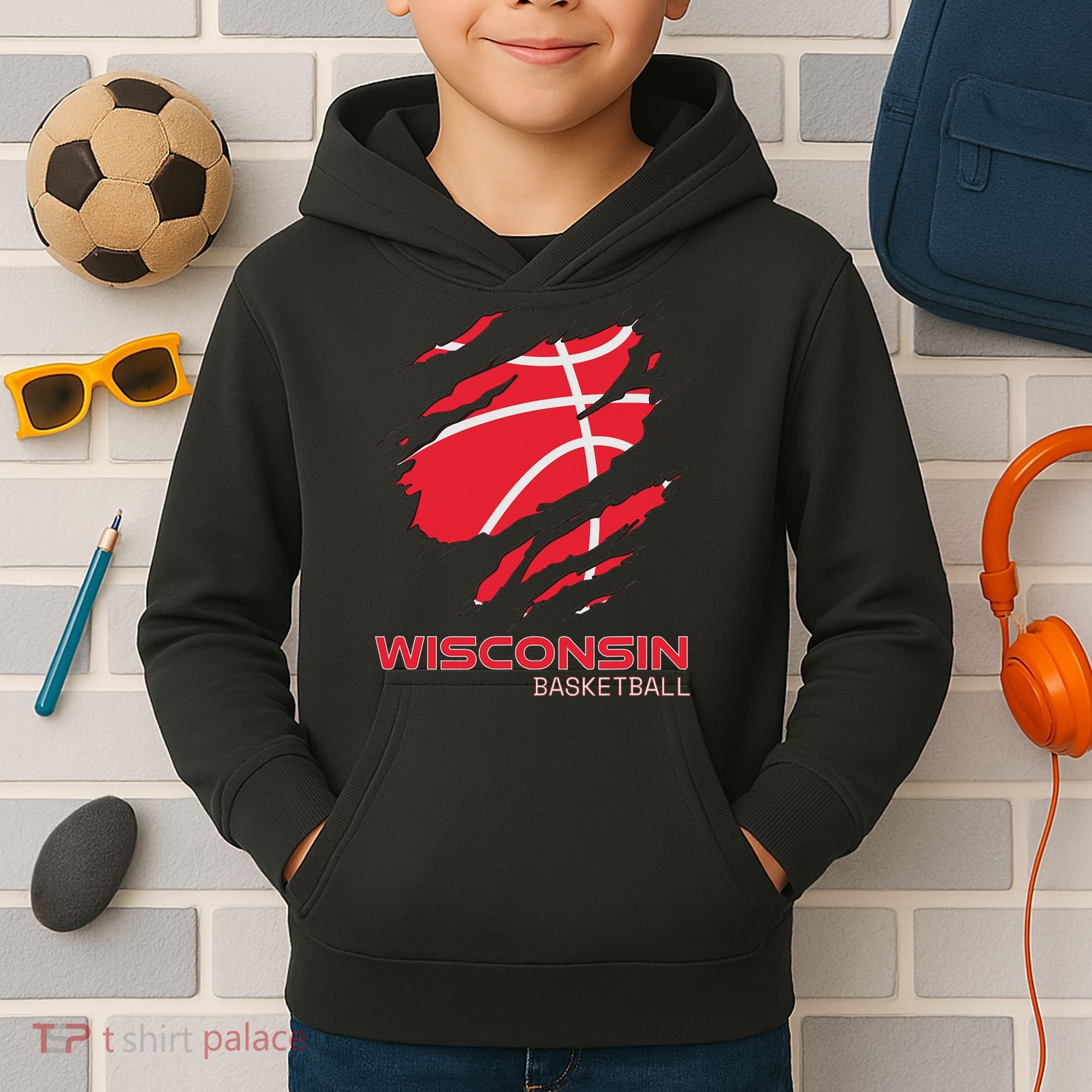 Distressed Basketball The Badger State Home Wisconsin Hoops Kids Hoodie