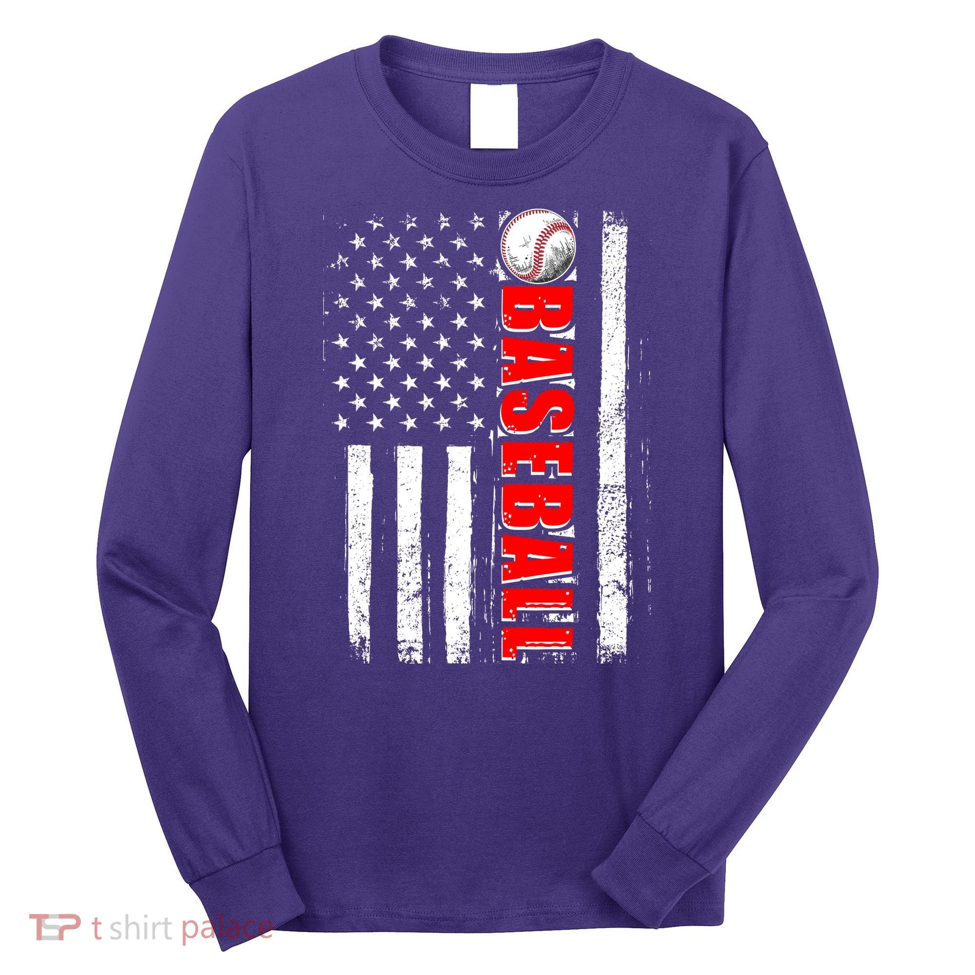 Distressed Baseball USA American Flag Long Sleeve Shirt