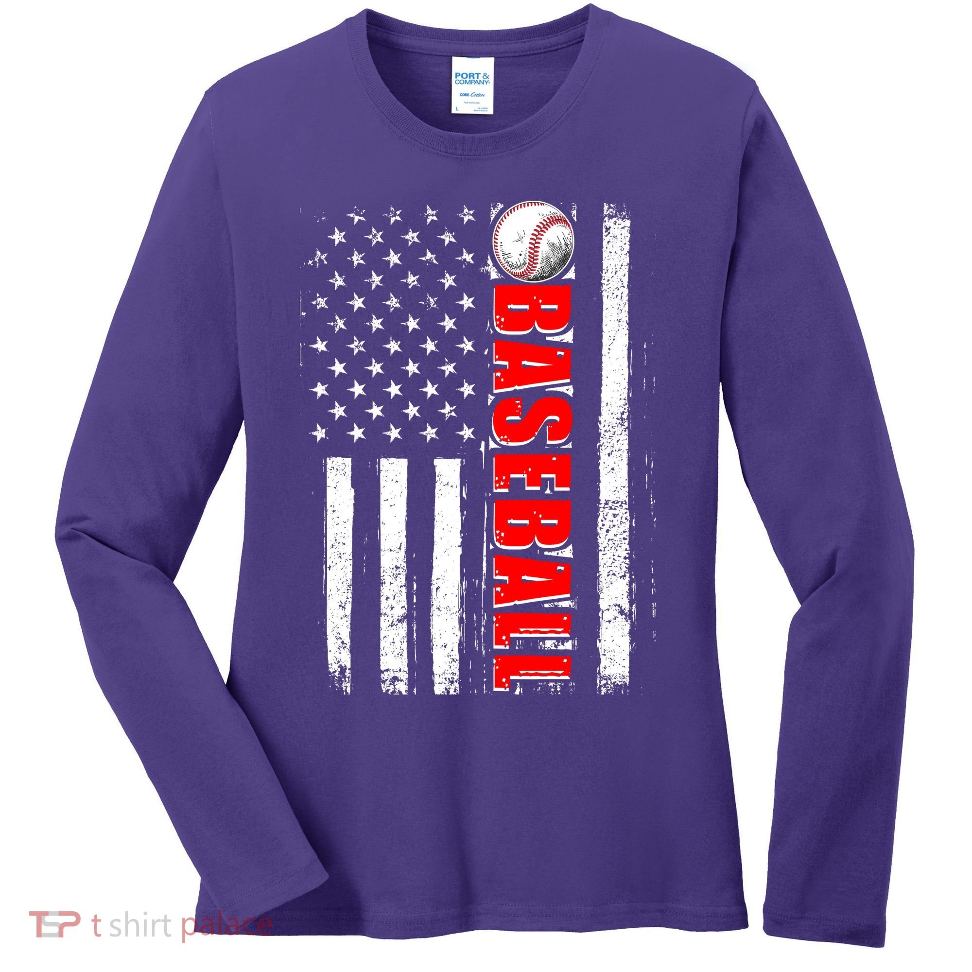 Distressed Baseball USA American Flag Women's Long Sleeve Shirt