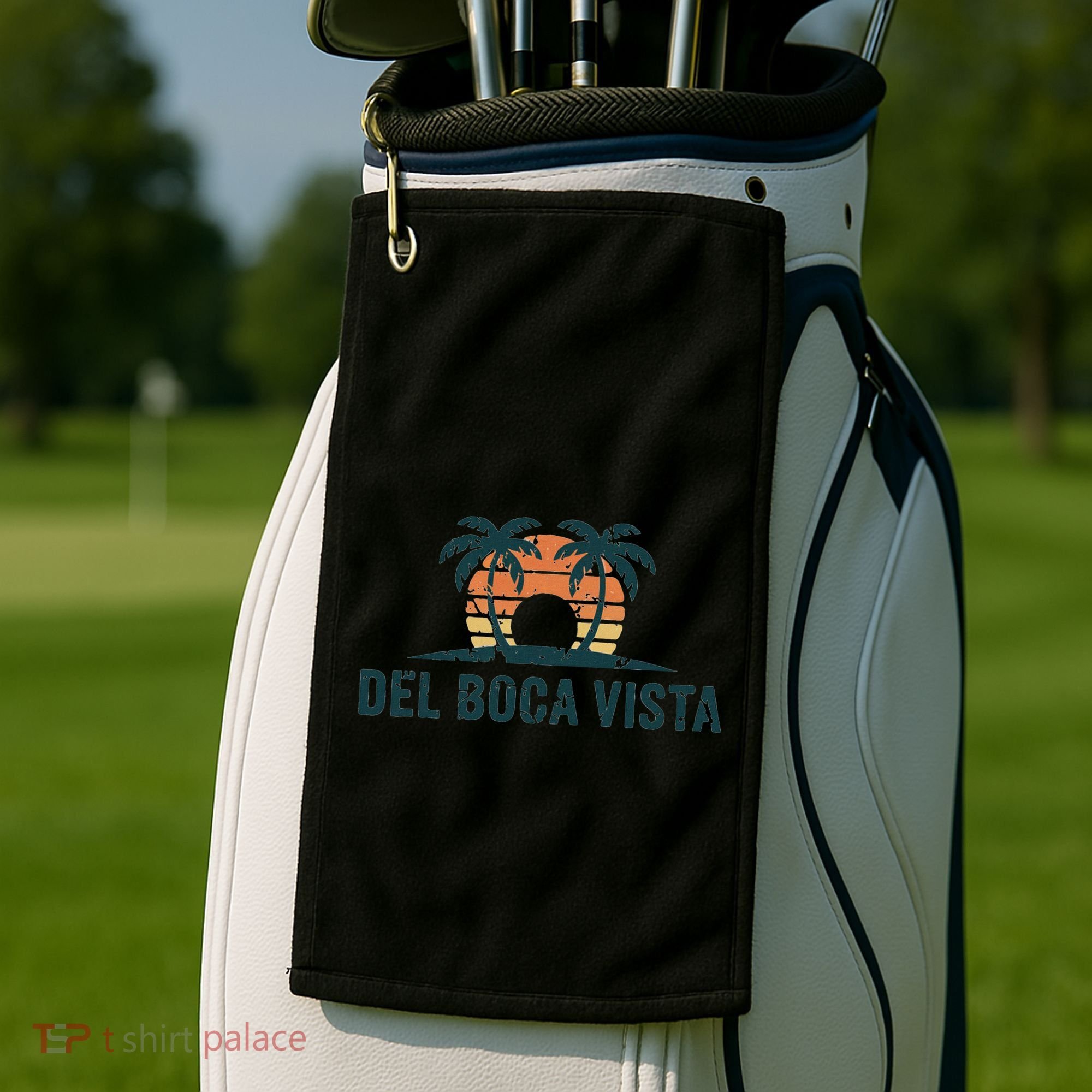 Del Boca Vista Retirement Community Funny Sunset Graphic Golf Towel