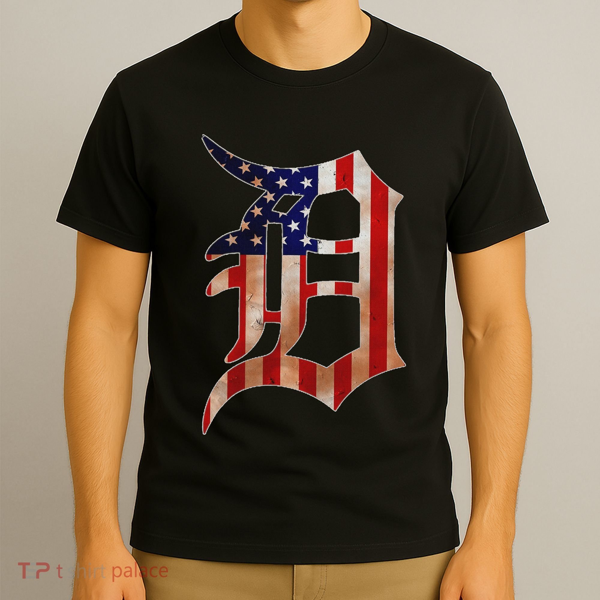 Detroit City American Flag Old English T-Shirt