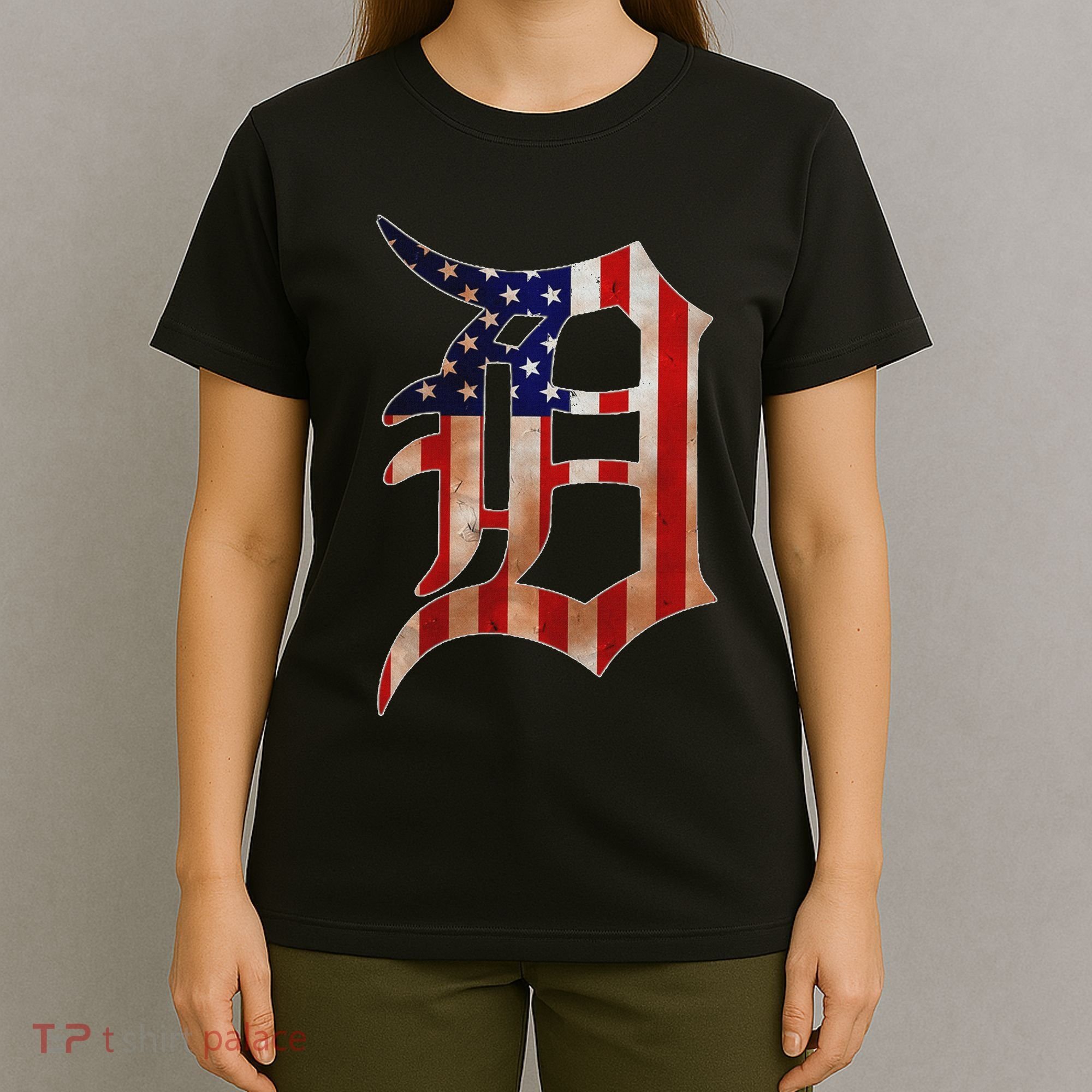 Detroit City American Flag Old English T-Shirt
