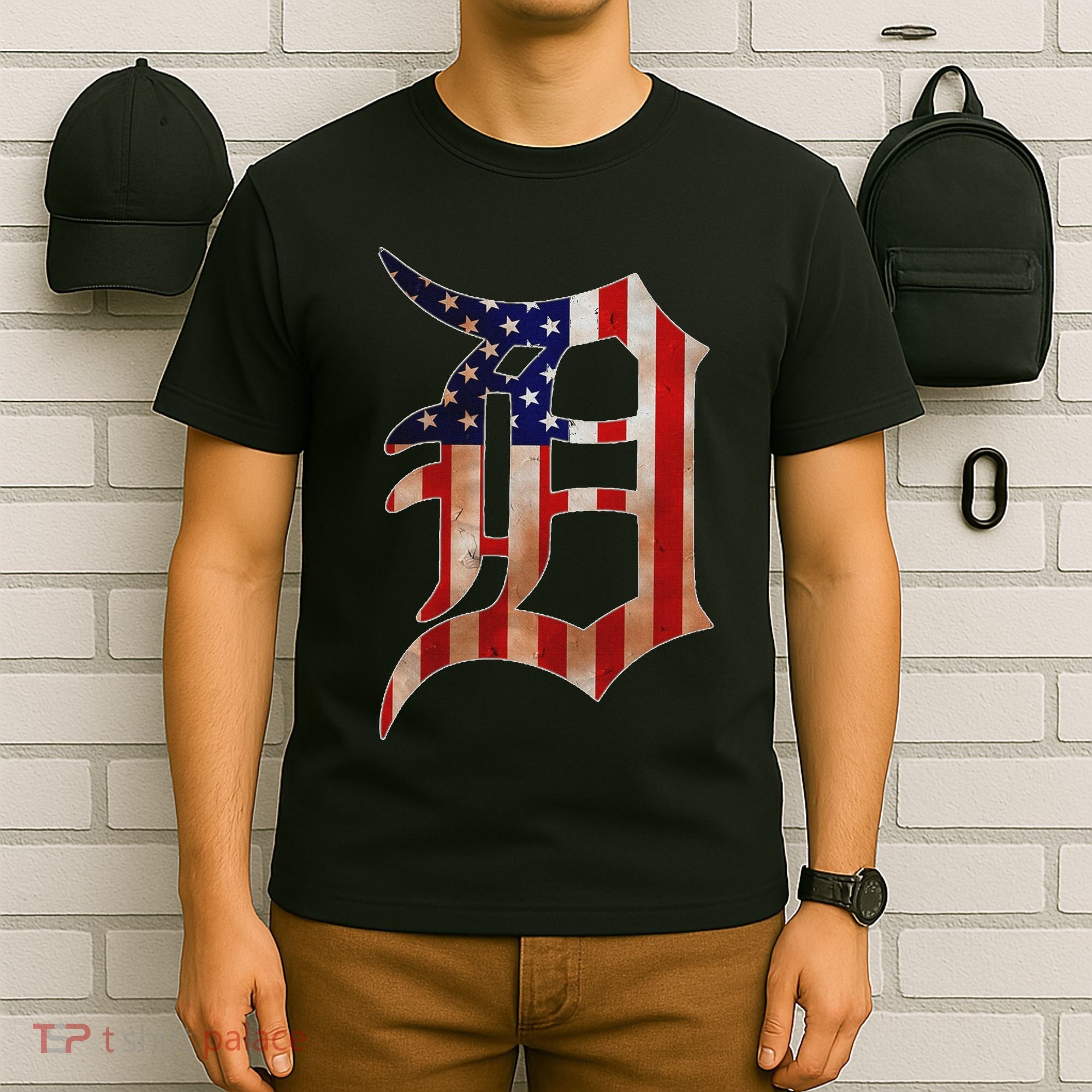 Detroit City American Flag Old English T-Shirt