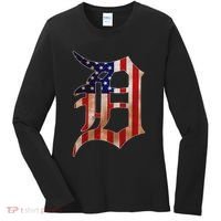 Detroit City American Flag Old English Women's Long Sleeve Shirt thumb 0