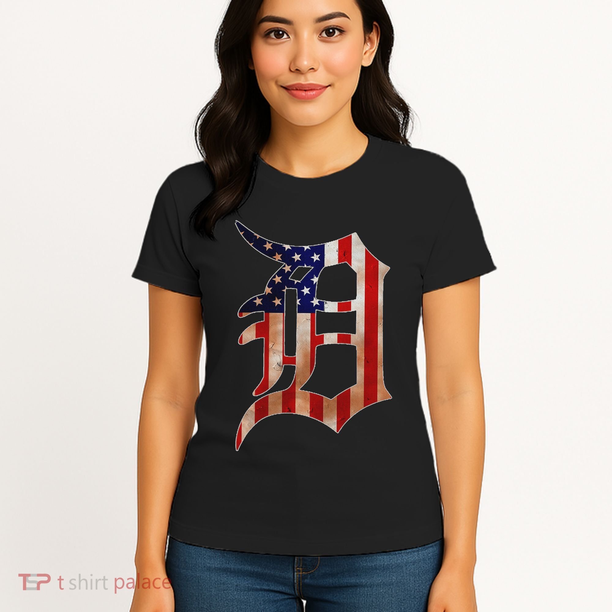Detroit City American Flag Old English Women's T-Shirt