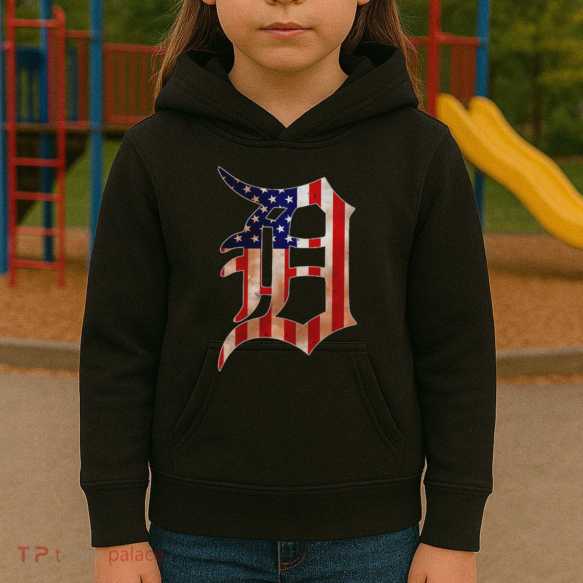 Detroit City American Flag Old English Kids Hoodie