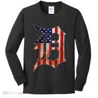 Detroit City American Flag Old English Kids Long Sleeve Shirt thumb 0