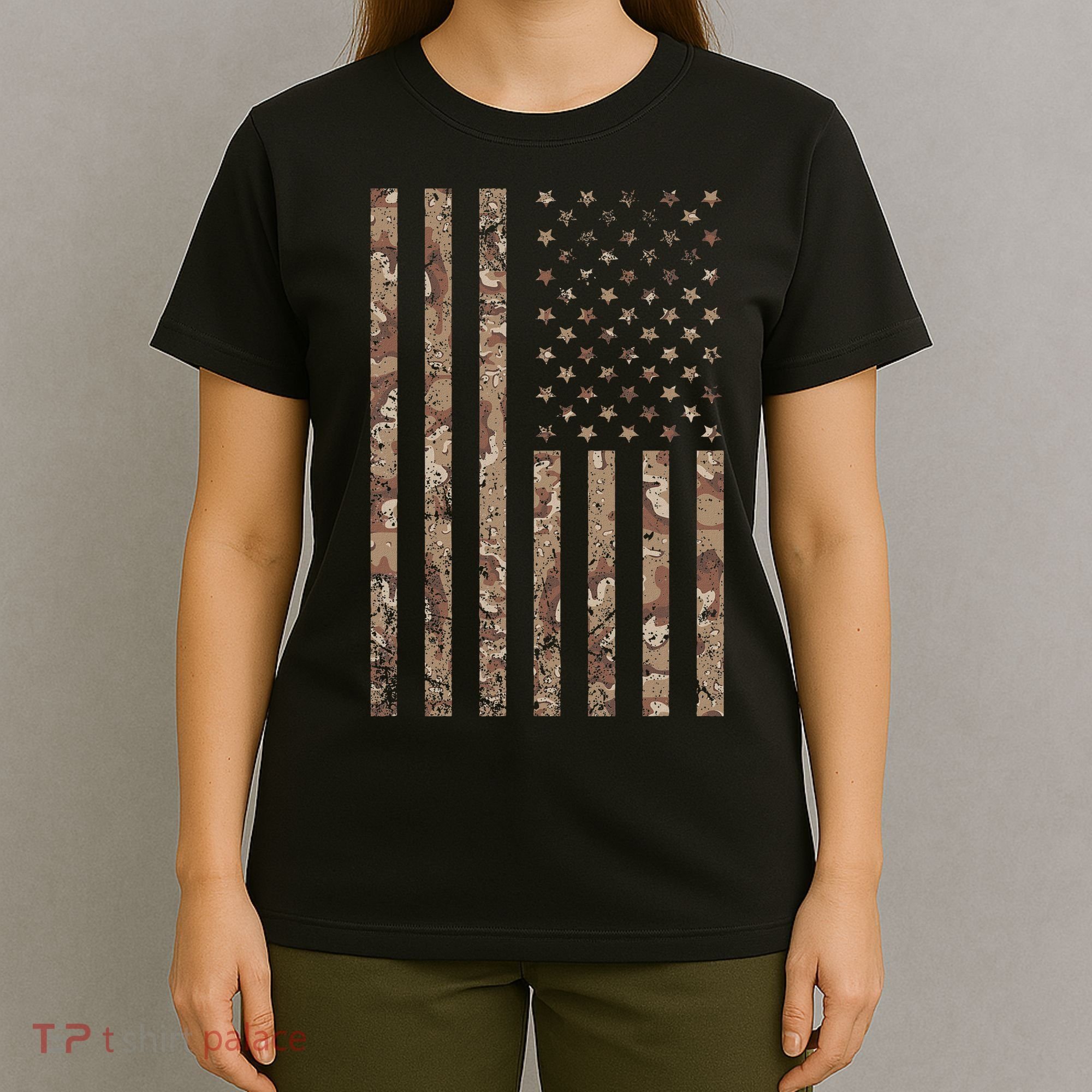 Desert Camo American Flag Military, Tactical Camouflage Usa T-Shirt