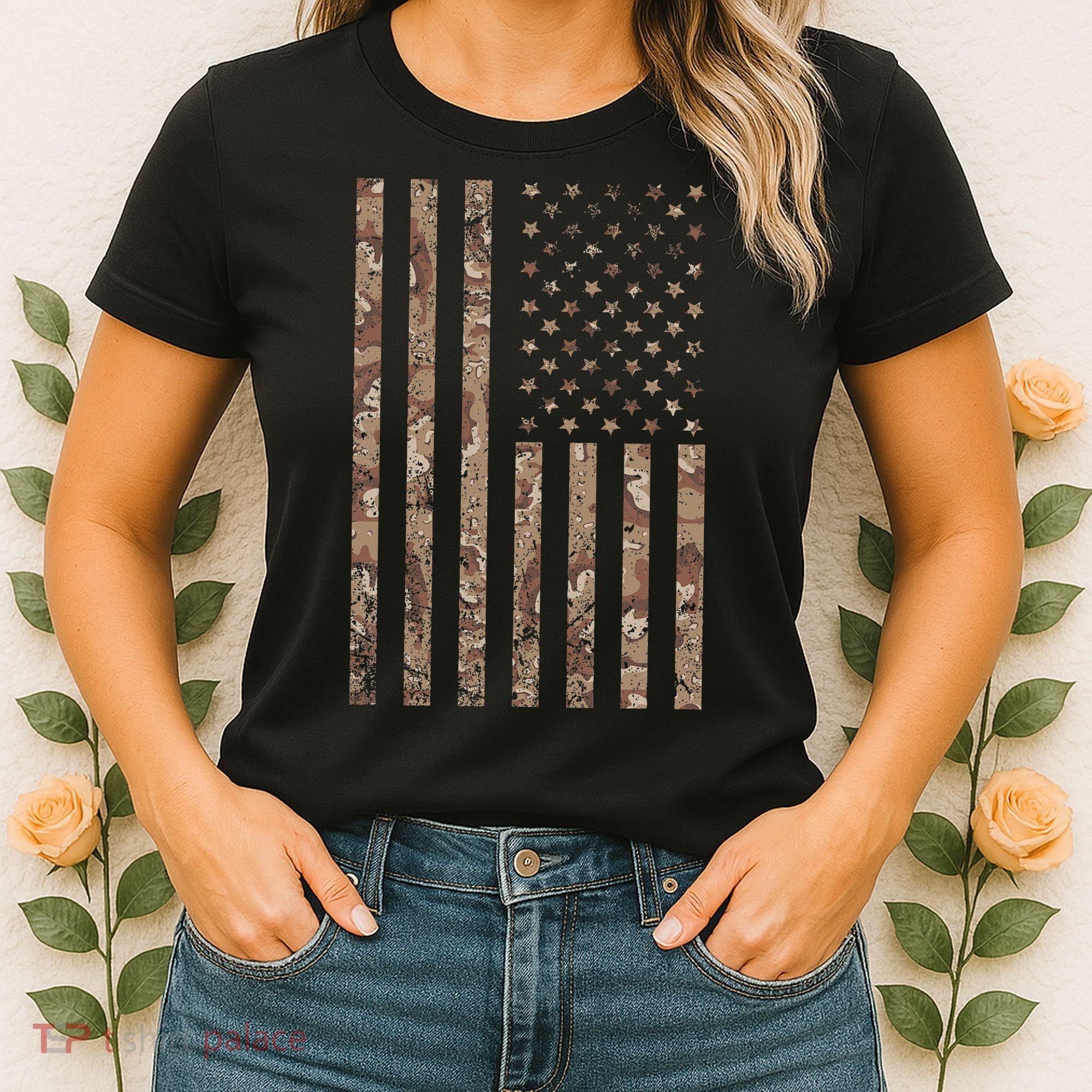 Desert Camo American Flag Military, Tactical Camouflage Usa Women's T-Shirt