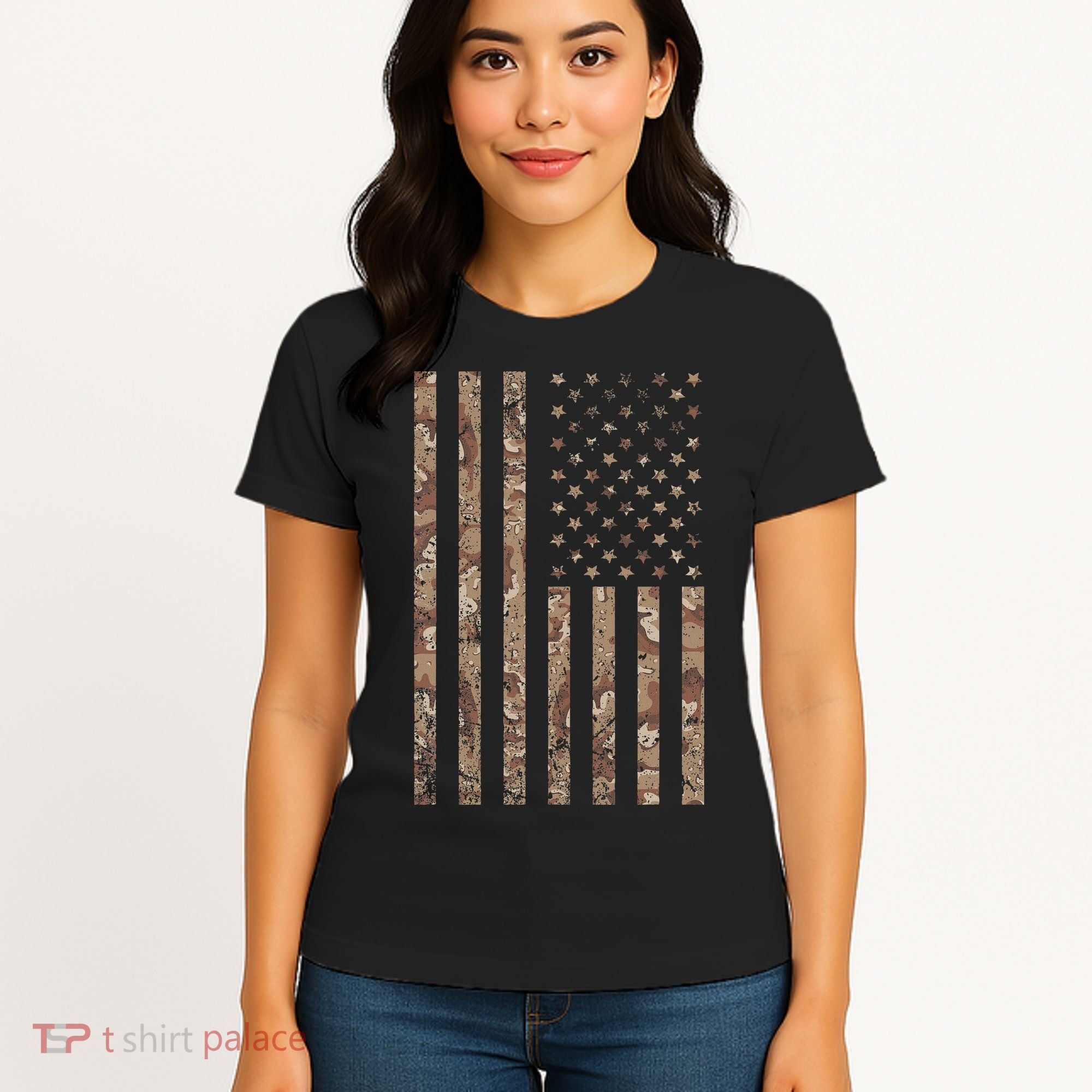 Desert Camo American Flag Military, Tactical Camouflage Usa Women's T-Shirt