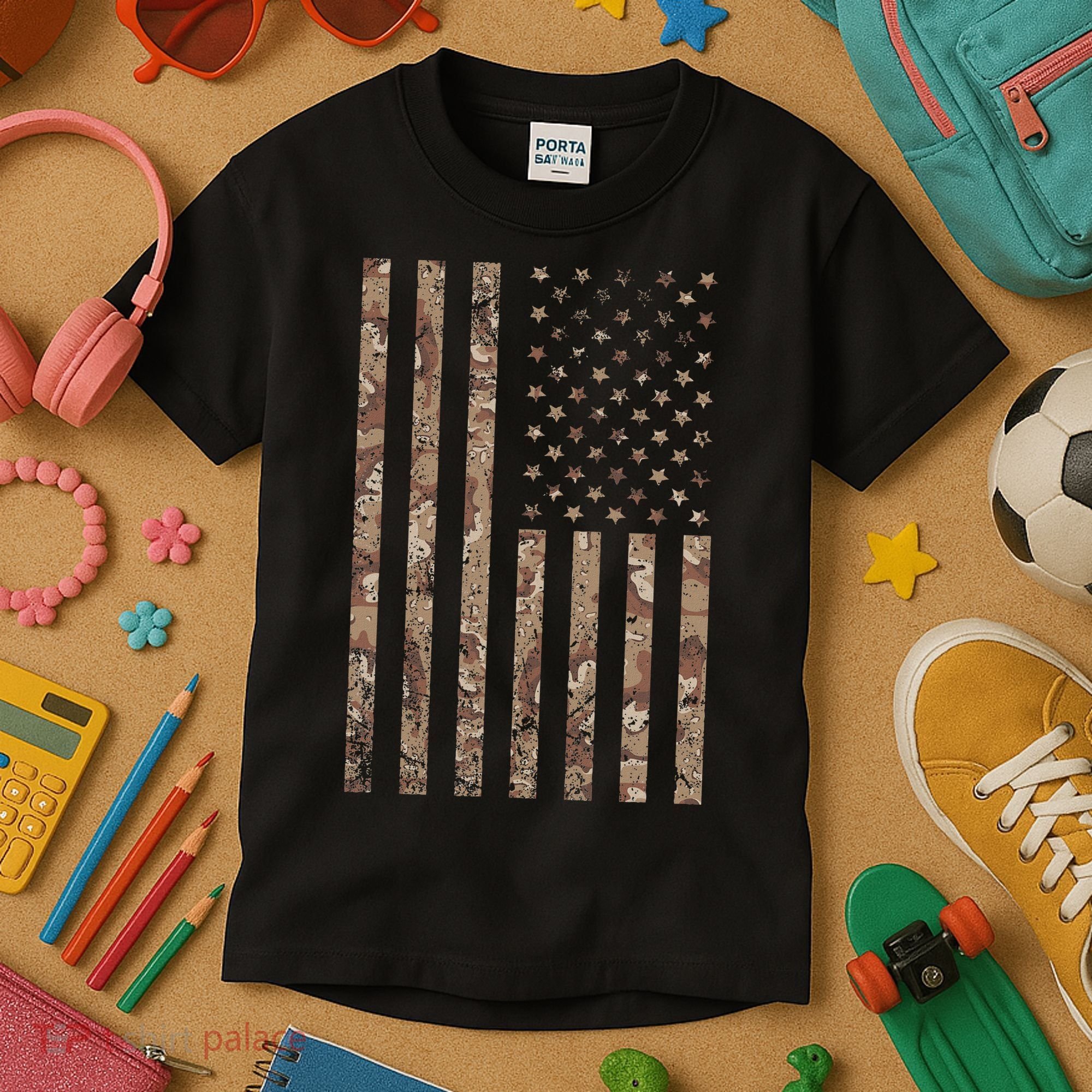 Desert Camo American Flag Military, Tactical Camouflage Usa Kids T-Shirt