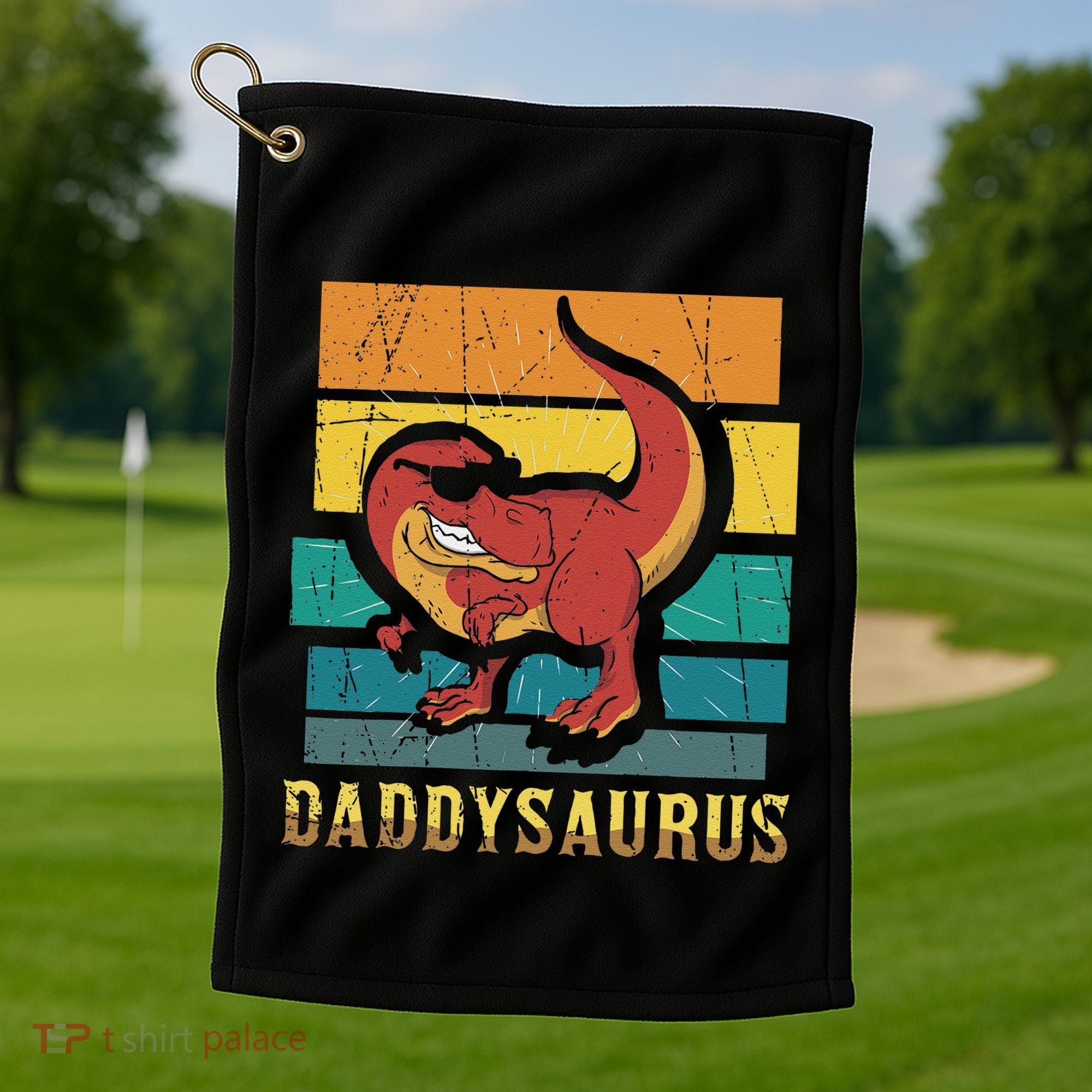 Daddysaurus Cool Dad Dinosaur With Sunglasses Golf Towel