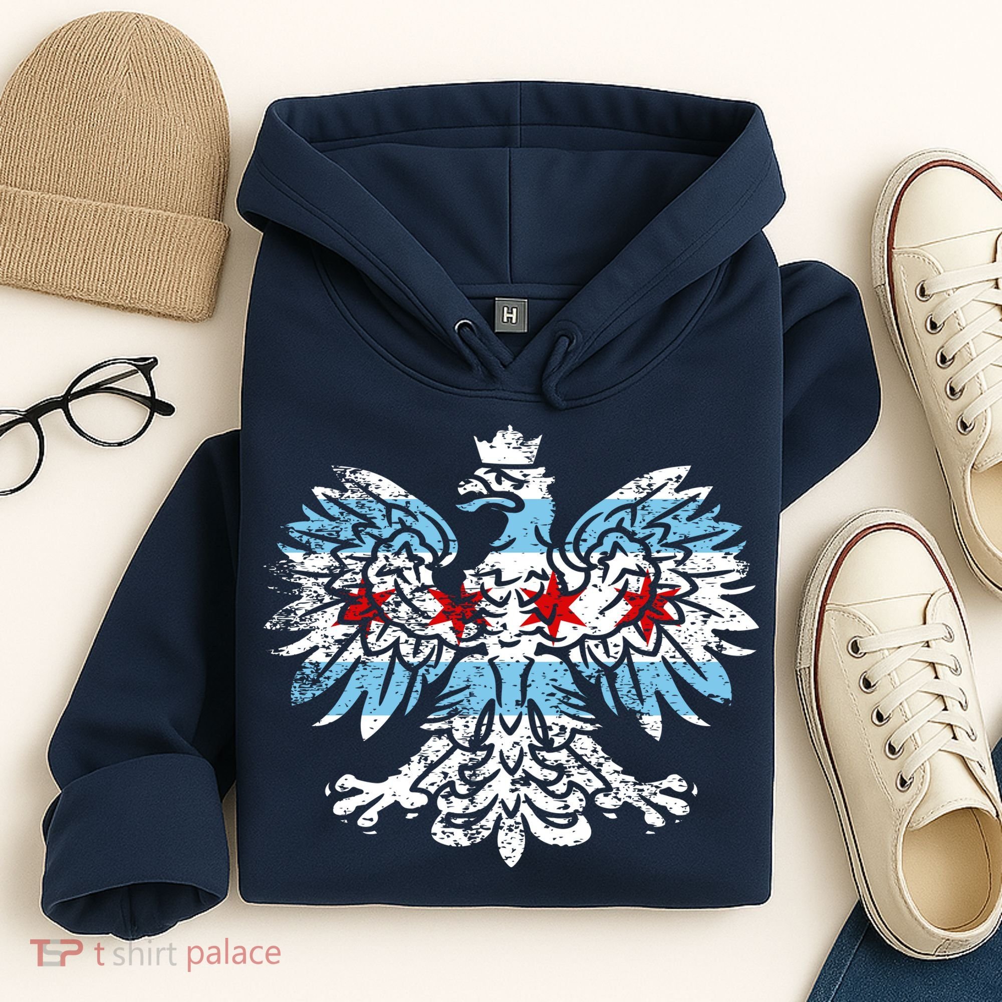 Distressed Chicago Flag Polish Poland Eagle Hoodie
