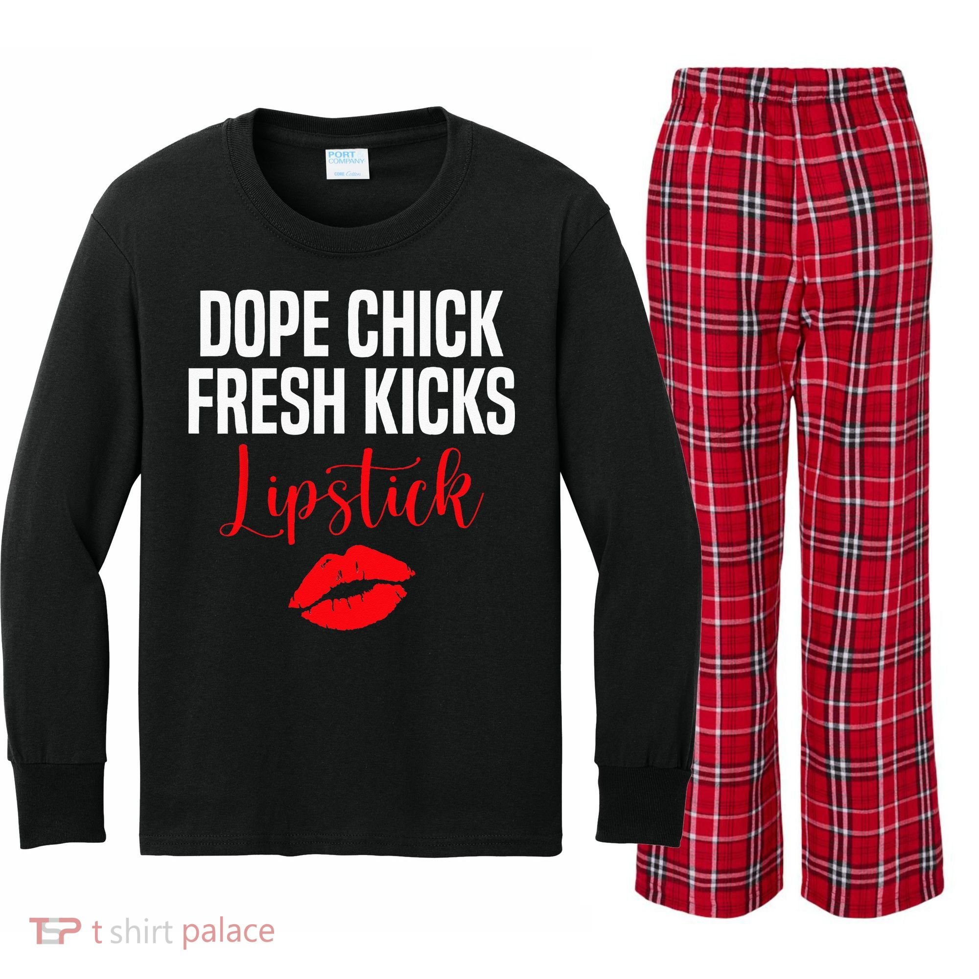 Dope Chick Fresh Kicks Lipstick Funny Saying Kids Long Sleeve Plaid Pajama Set