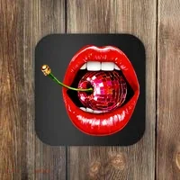 Disco Cherry In Red Lips Retro 80s Party Coaster thumb 0