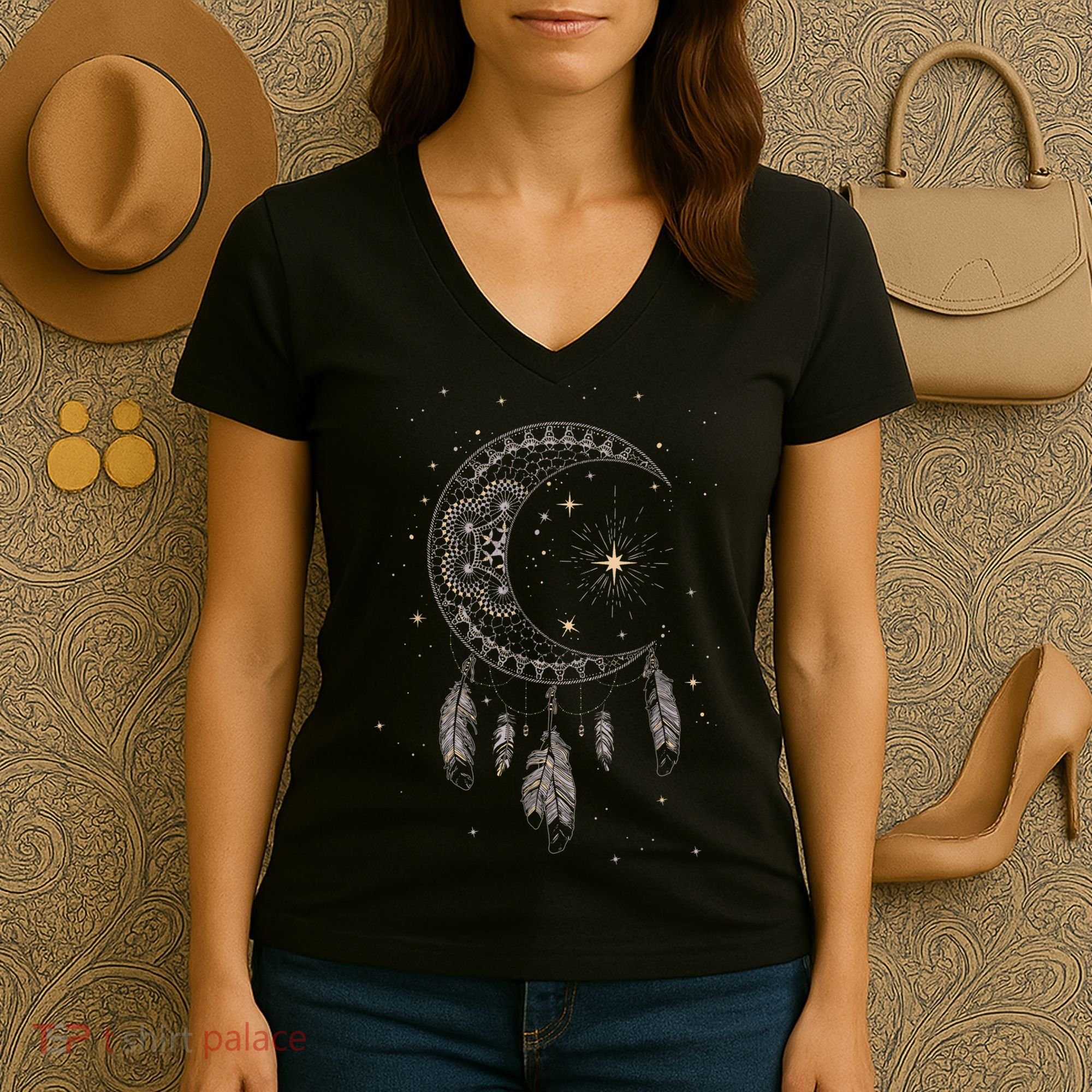 Dream Catcher Moon & Stars Boho Graphic Women's V-Neck T-Shirt