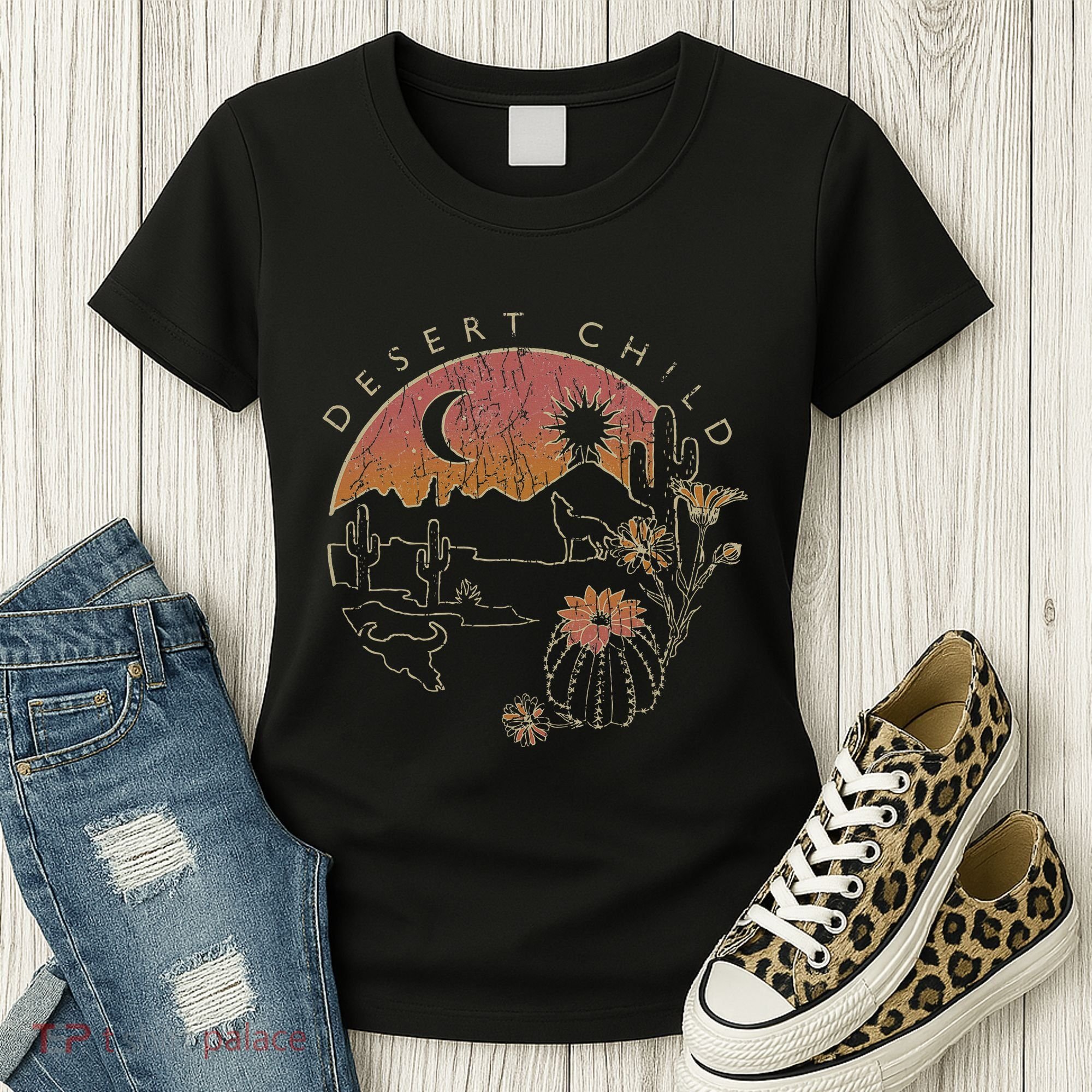 Desert Child Night Landscape Outline Women's T-Shirt