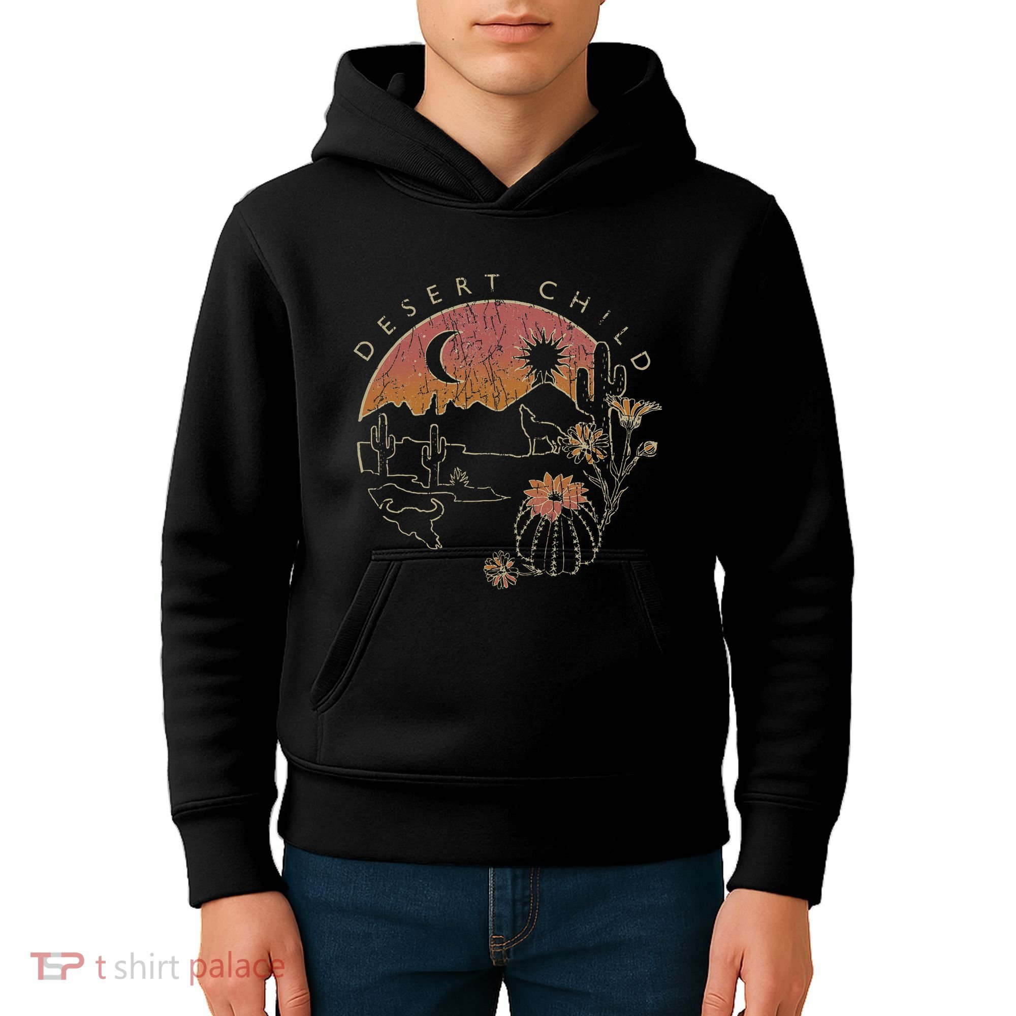 Desert Child Night Landscape Outline Kids Hoodie