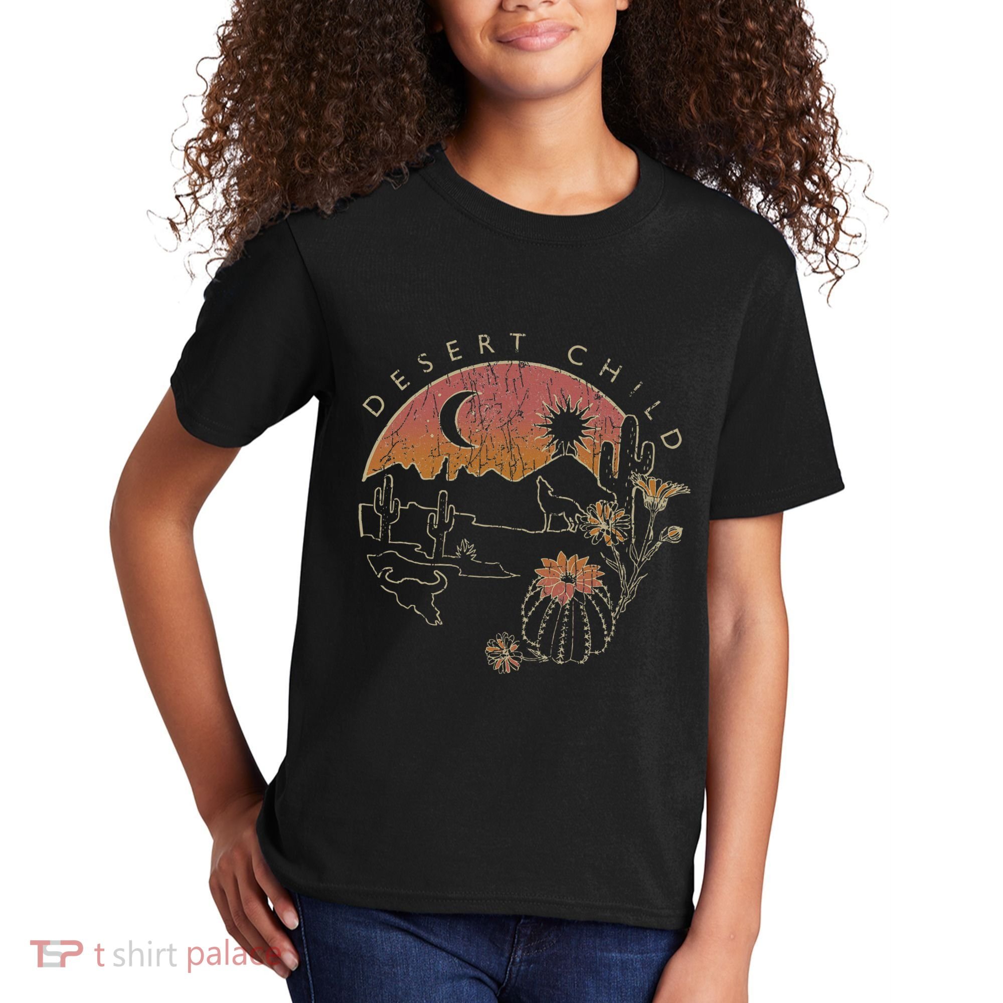 Desert Child Night Landscape Outline Kids T-Shirt
