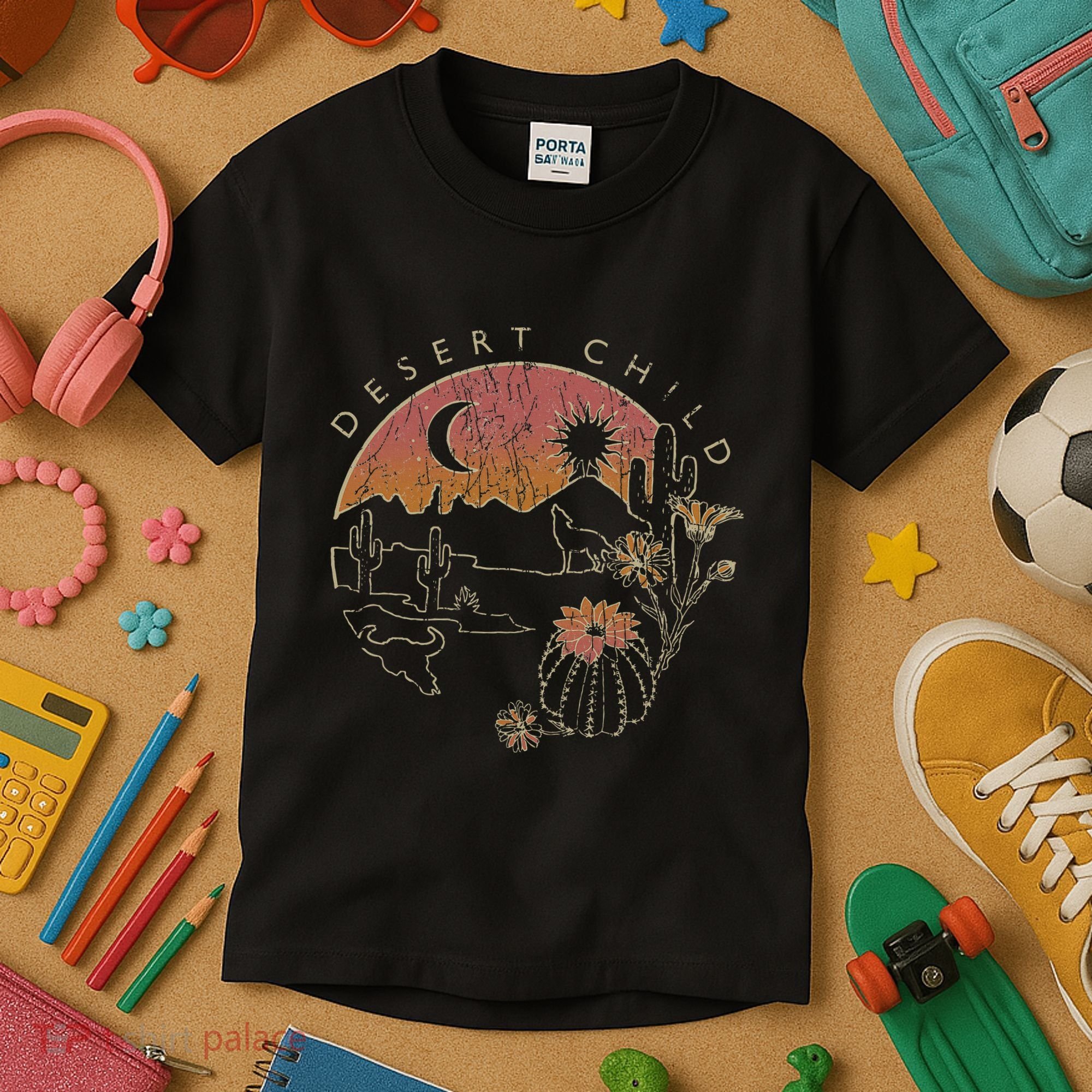 Desert Child Night Landscape Outline Kids T-Shirt