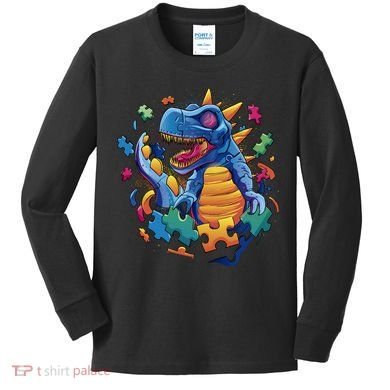 Dinosaur Colorful Puzzle Pieces Kids Long Sleeve Shirt