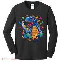 Dinosaur Colorful Puzzle Pieces Kids Long Sleeve Shirt thumb 0