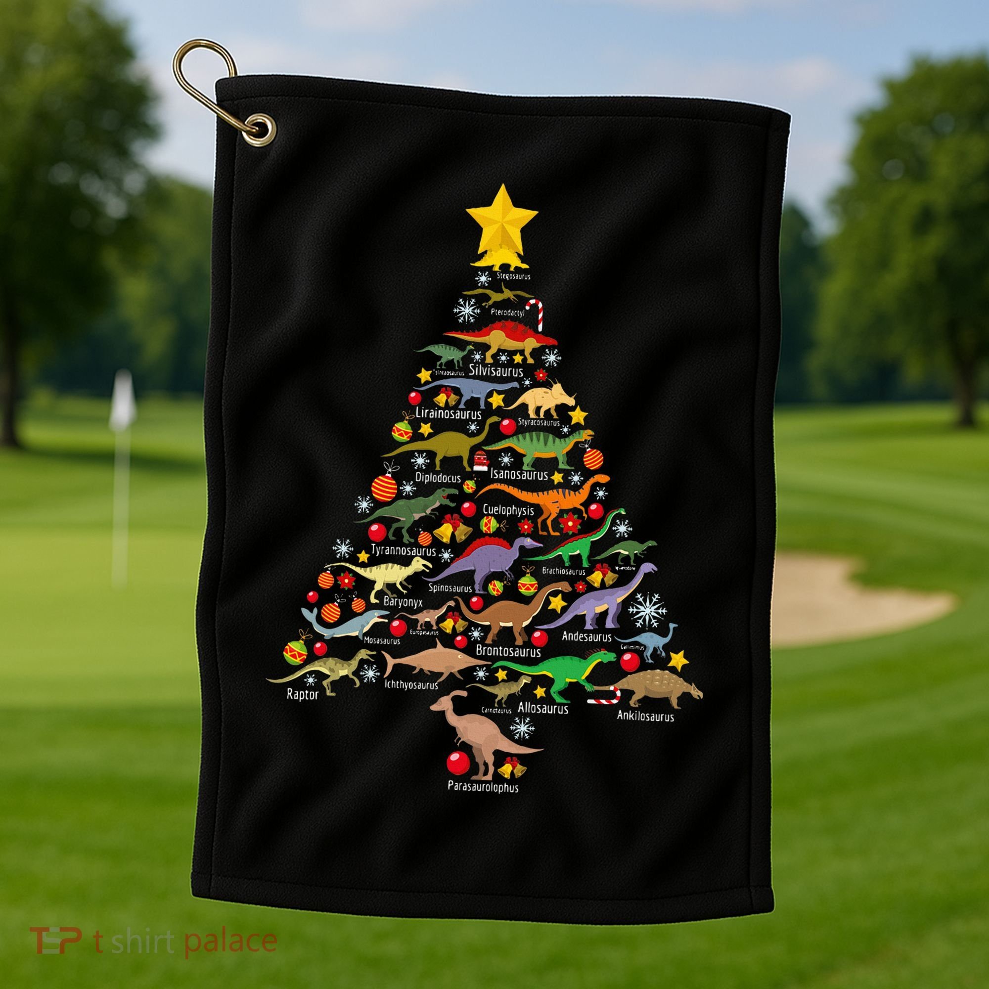 Dinosaur Christmas Tree Dino Trex Paleontologist Xmas Golf Towel