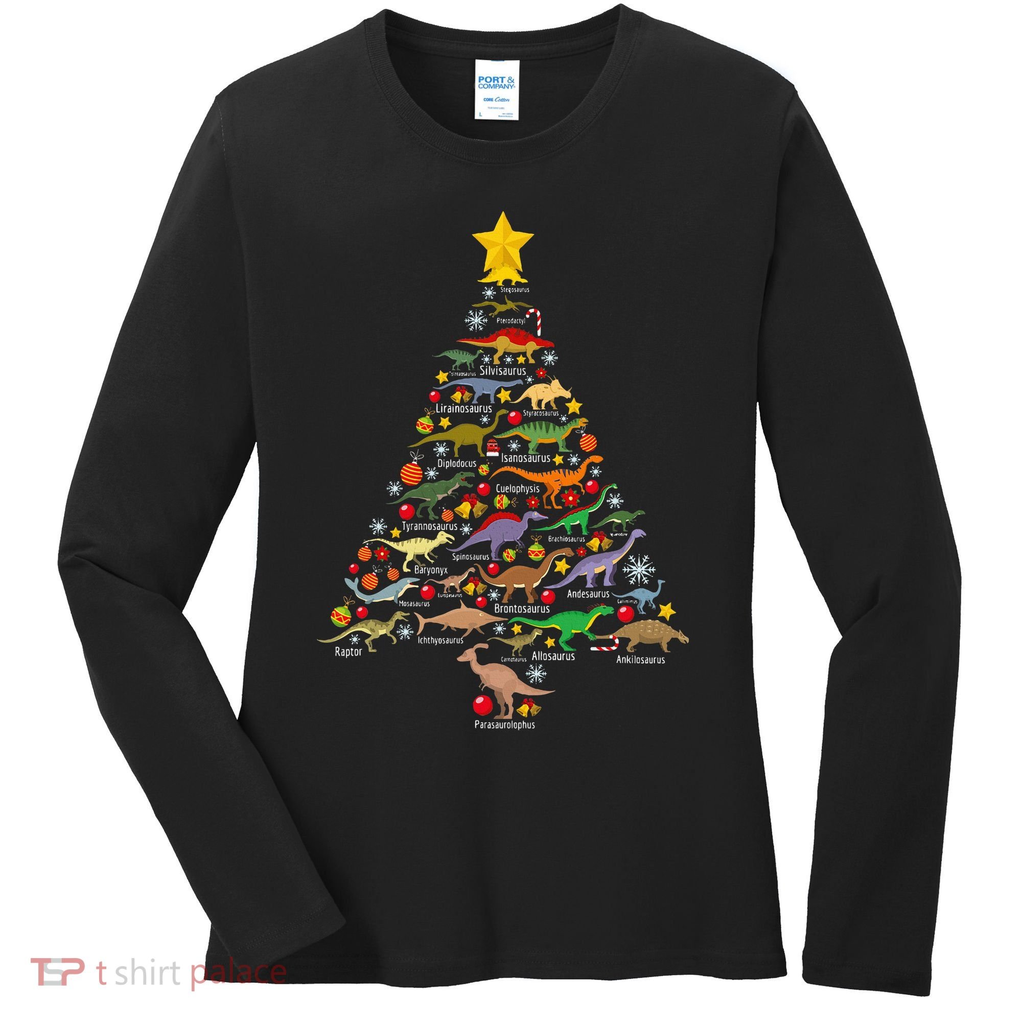 Dinosaur Christmas Tree Dino Trex Paleontologist Xmas Women's Long Sleeve Shirt
