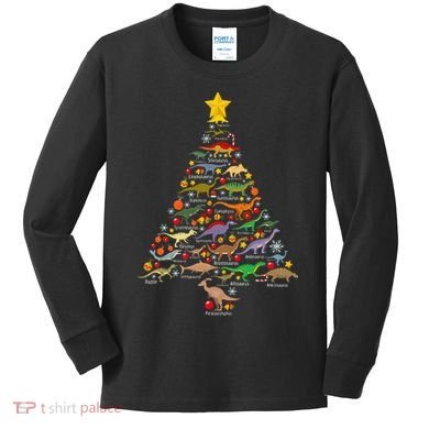 Dinosaur Christmas Tree Dino Trex Paleontologist Xmas Kids Long Sleeve Shirt