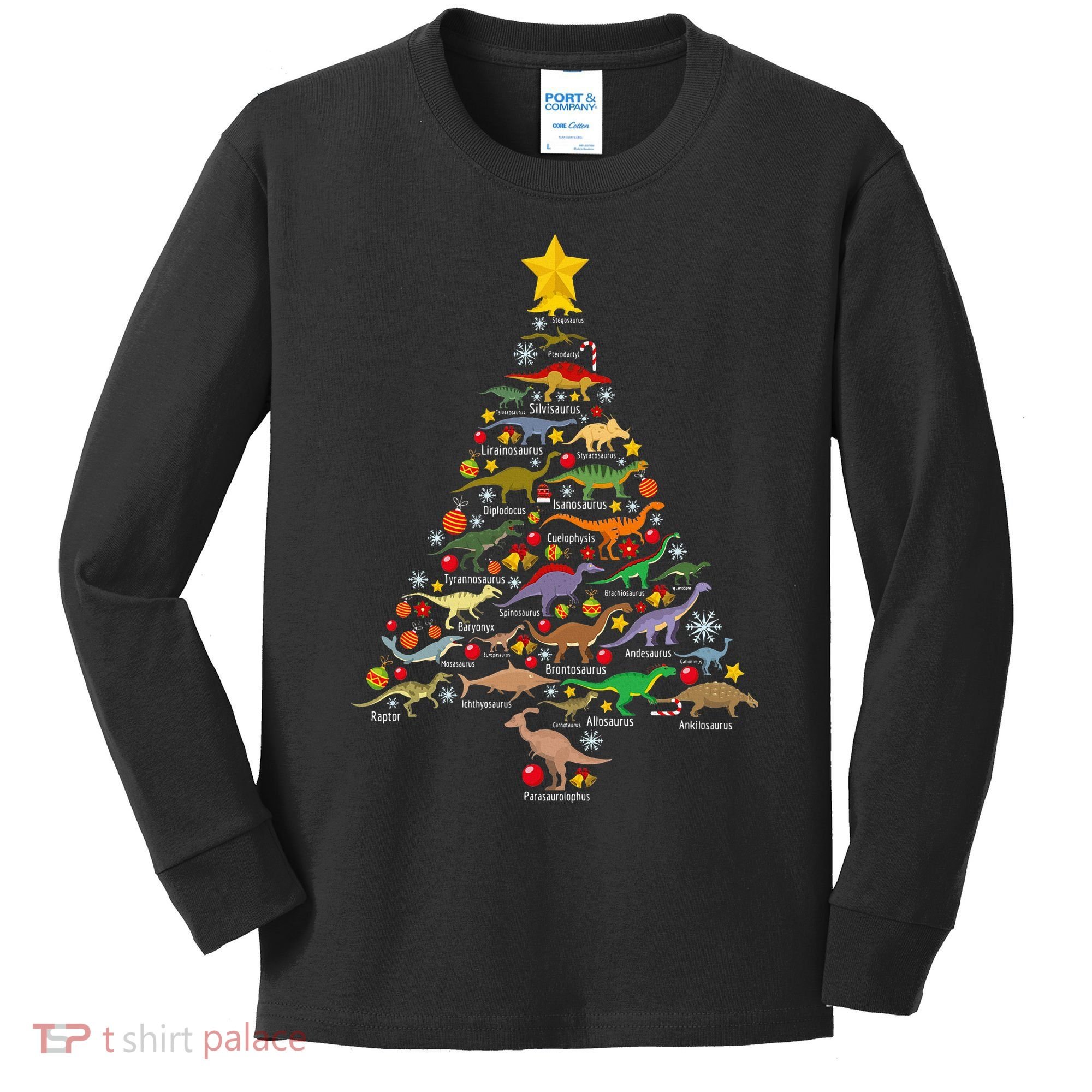 Dinosaur Christmas Tree Dino Trex Paleontologist Xmas Kids Long Sleeve Shirt