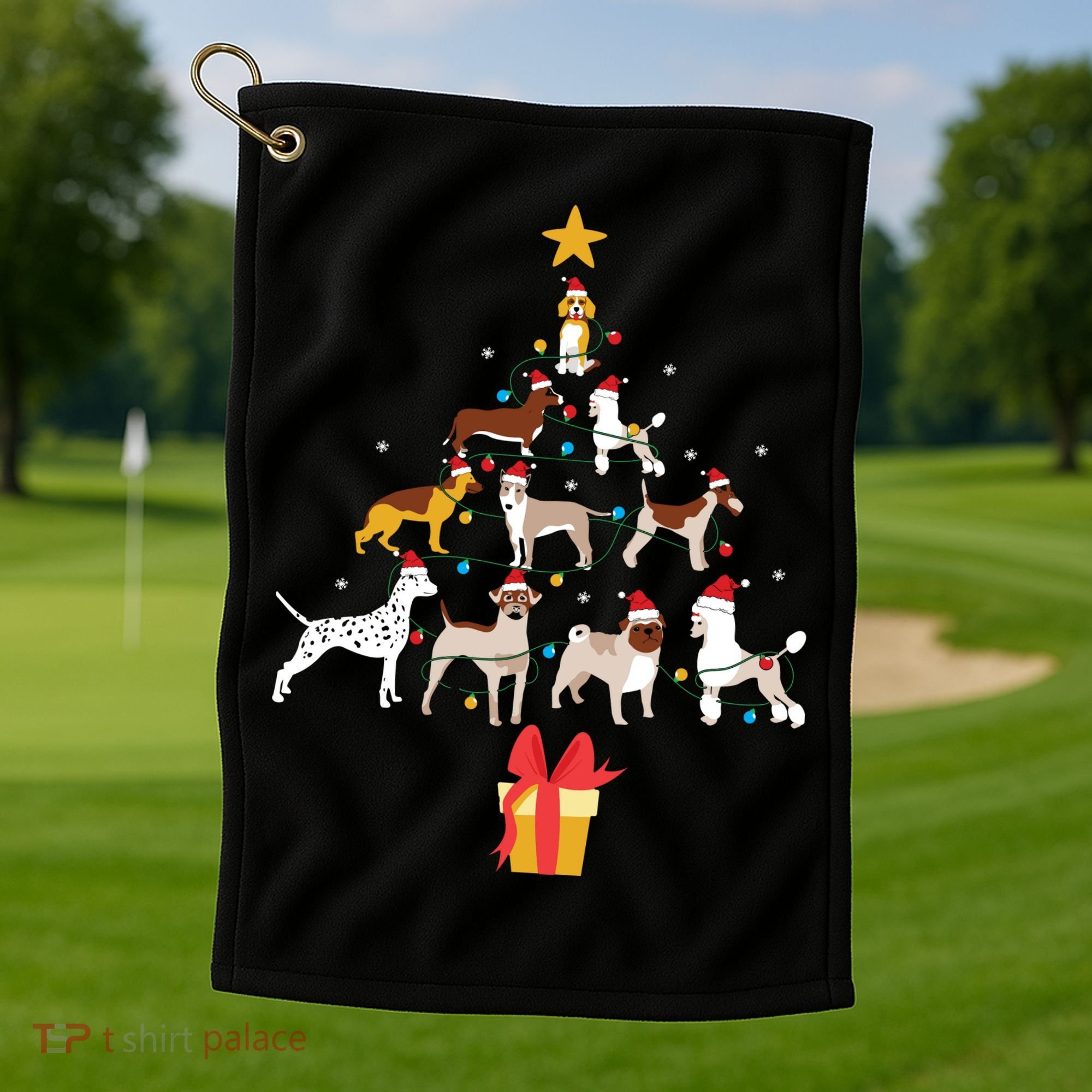 Dog Christmas Tree Lights Dog Lover Funny Xmas Golf Towel