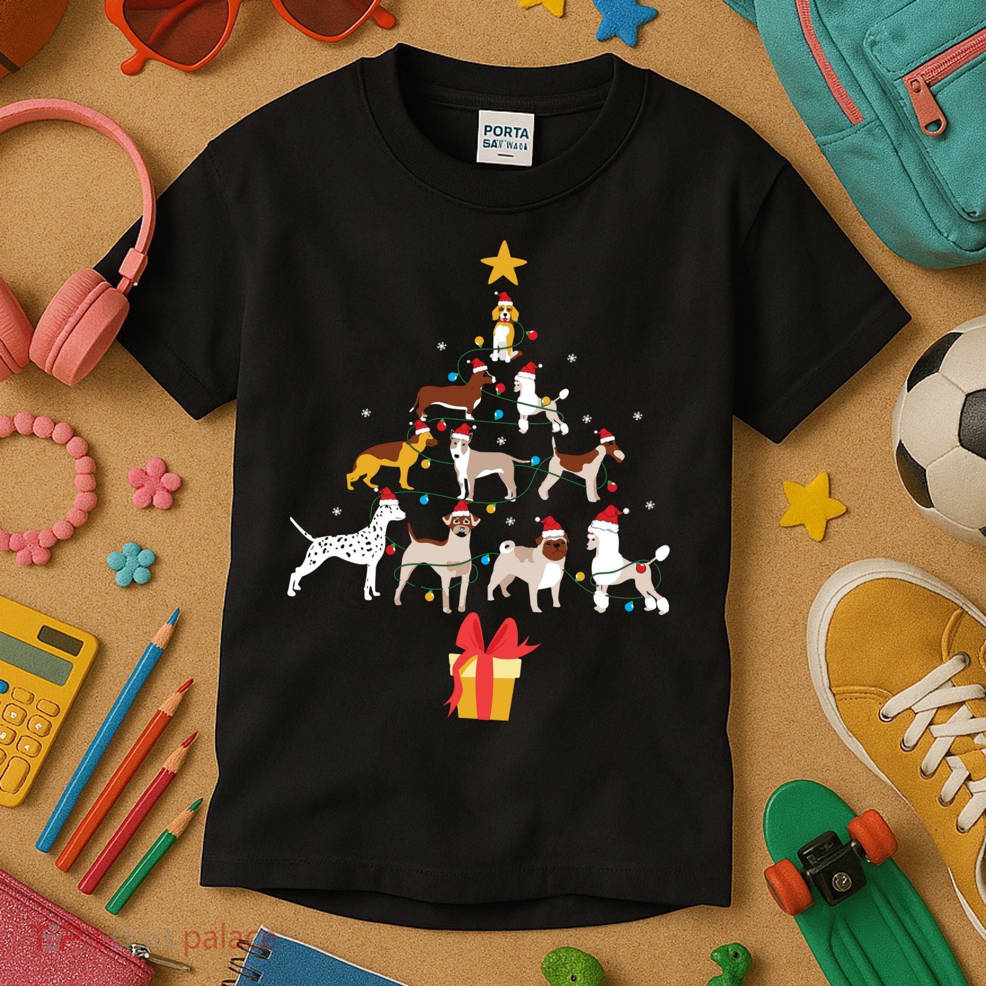 Dog Christmas Tree Lights Dog Lover Funny Xmas Kids T-Shirt