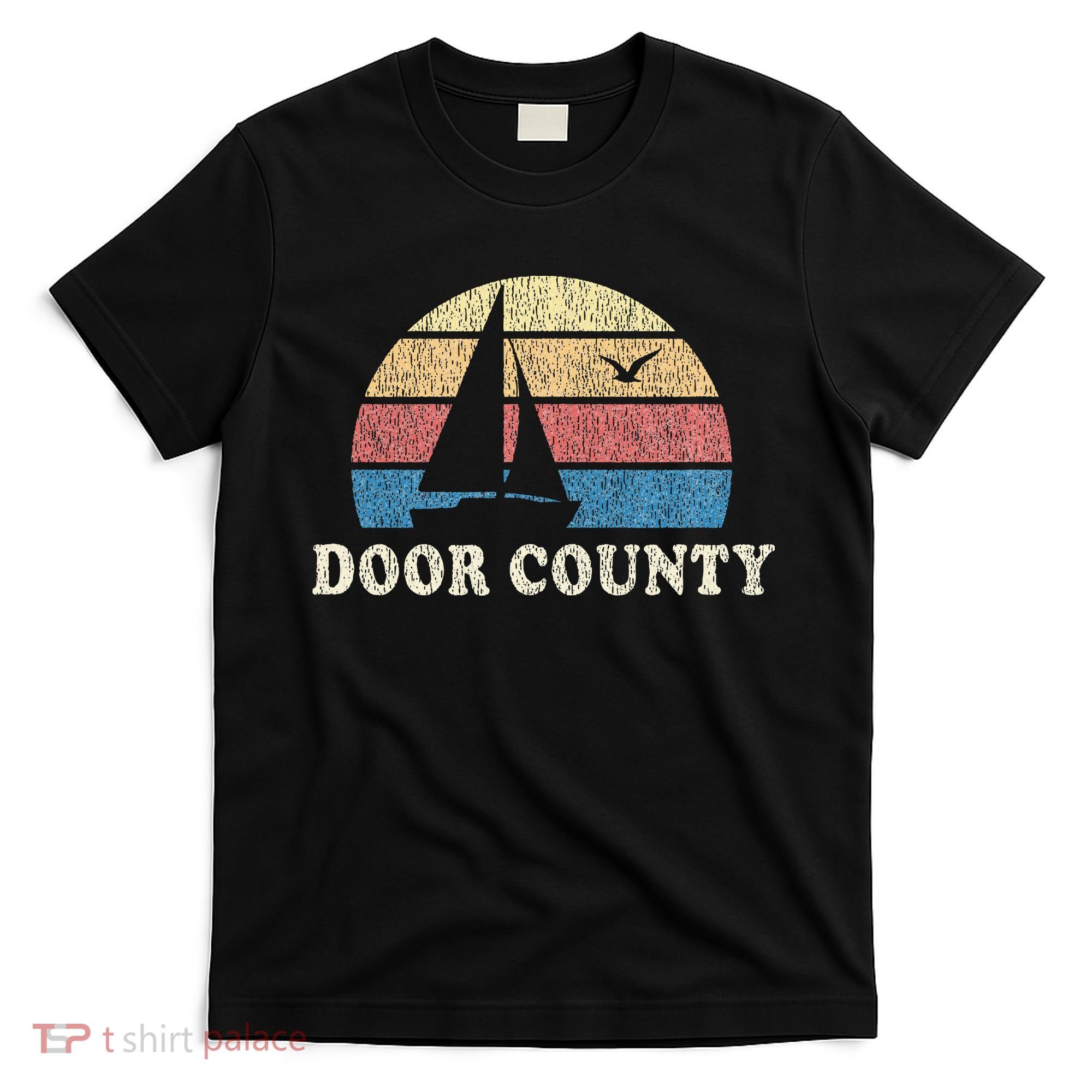 Door County Wi Vintage Sailboat 70s Throwback Sunset T-Shirt