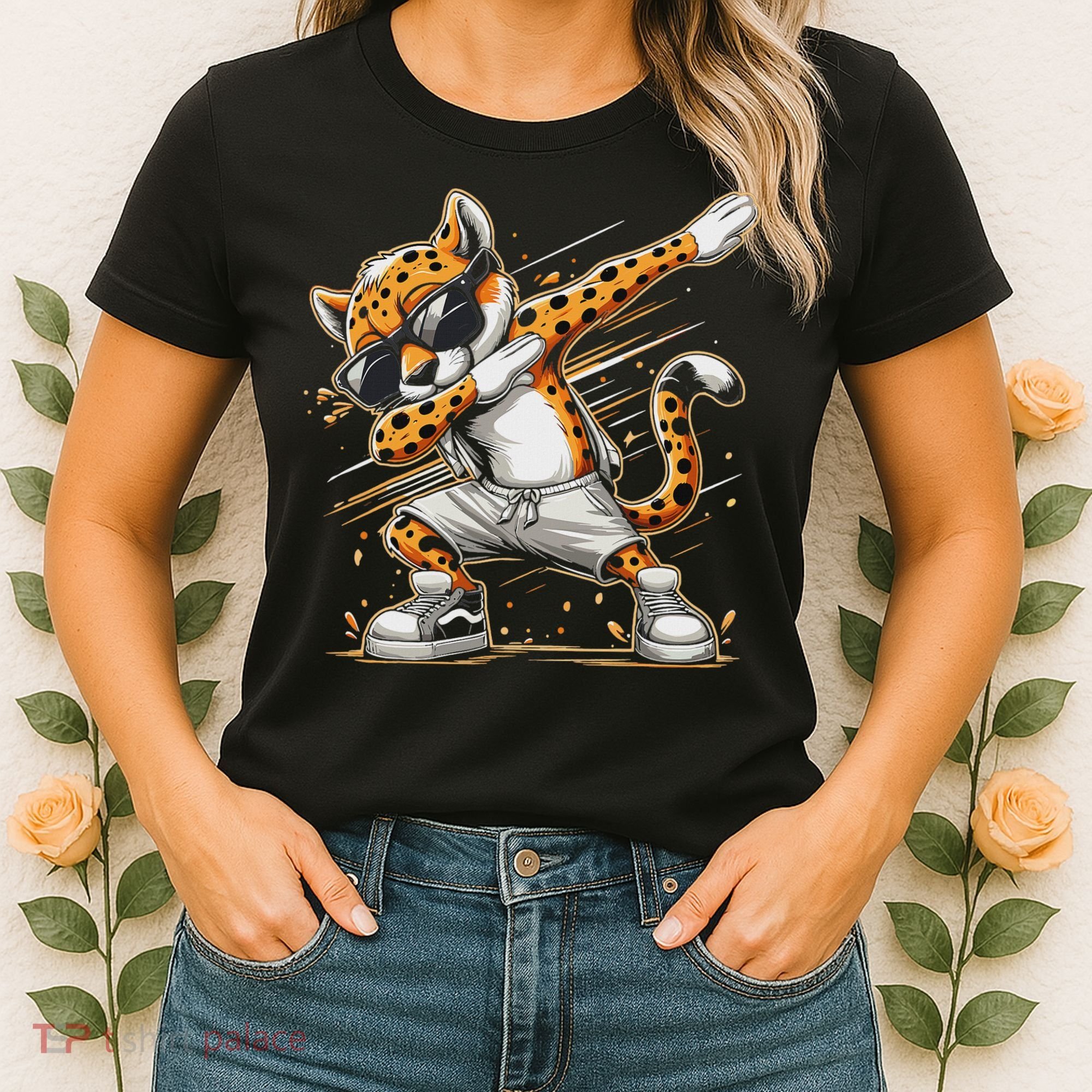 Dabbing Cheetah Wear Glasses Cute Funny Cheetah Animal Women's T-Shirt