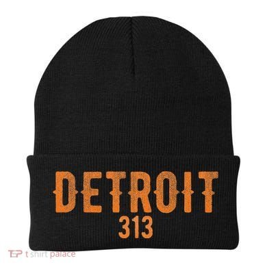 Design Detroit 313 Orange Text Apparel Beanie