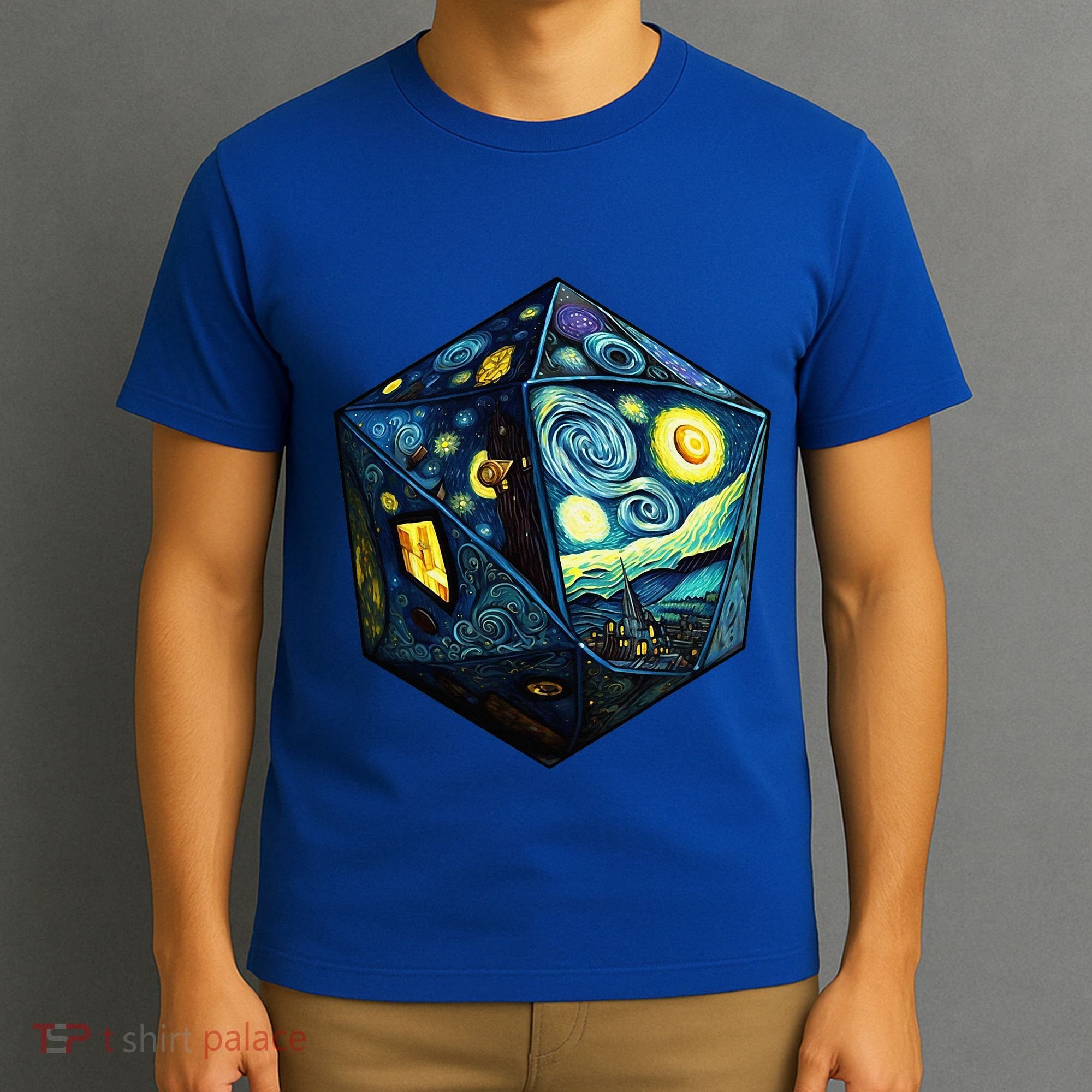 D20 Dice Art Van Gogh Starry Night Cool Realistic D20 Dice T-Shirt