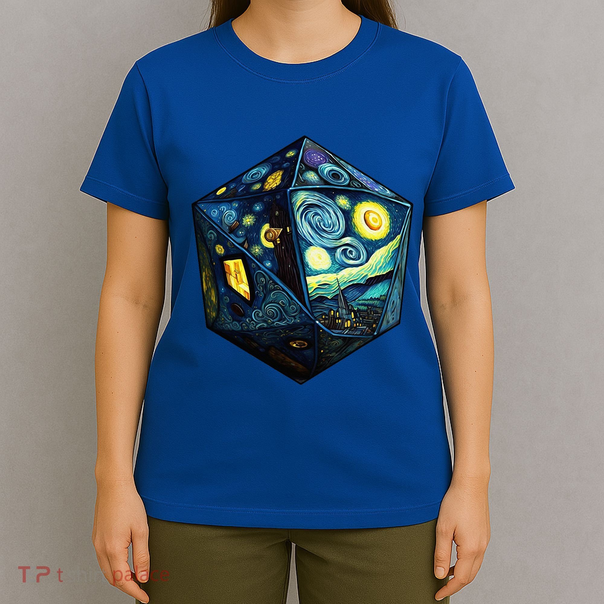 D20 Dice Art Van Gogh Starry Night Cool Realistic D20 Dice T-Shirt