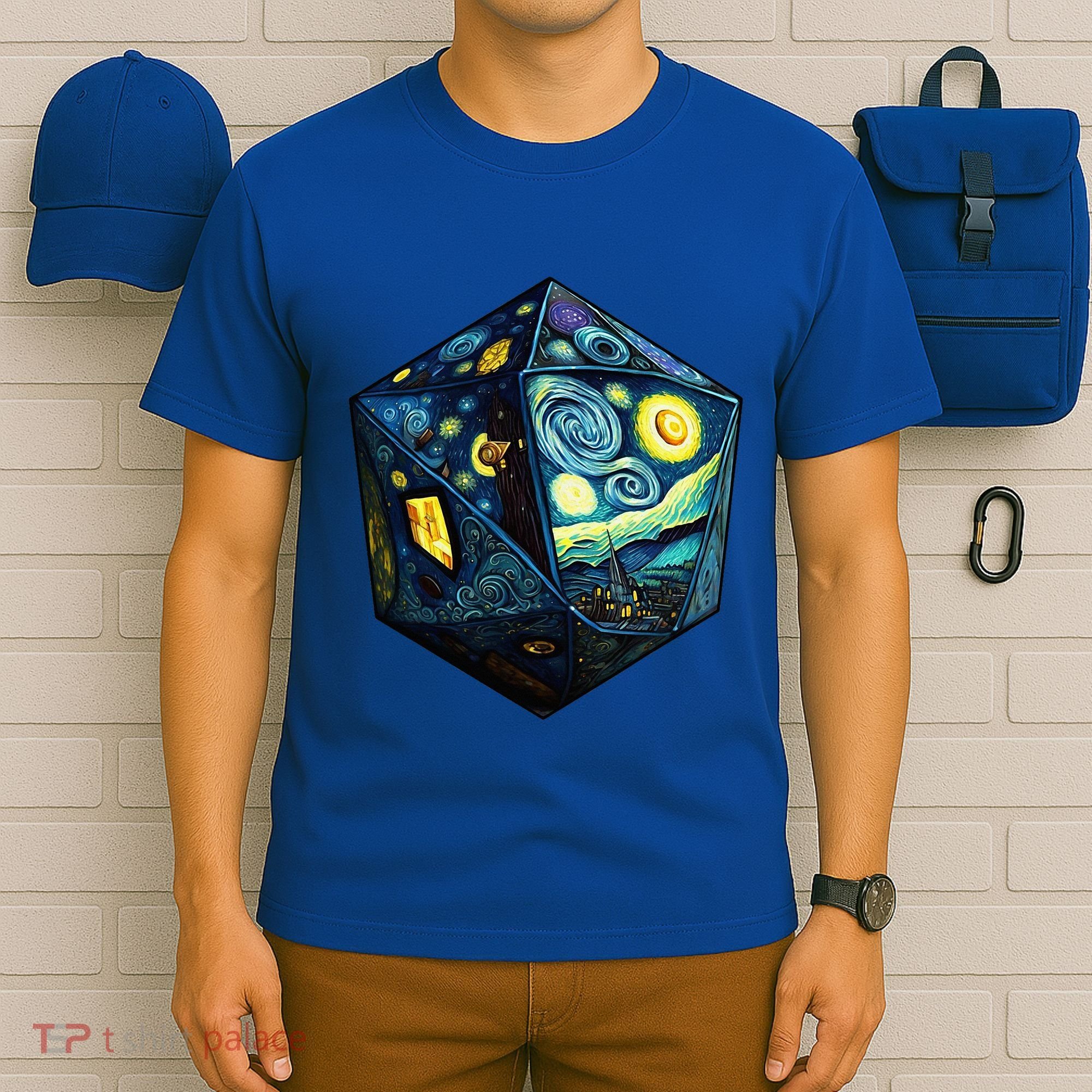 D20 Dice Art Van Gogh Starry Night Cool Realistic D20 Dice T-Shirt