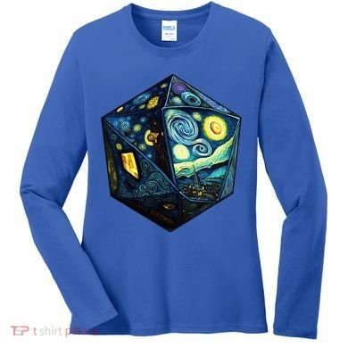 D20 Dice Art Van Gogh Starry Night Cool Realistic D20 Dice Women's Long Sleeve Shirt